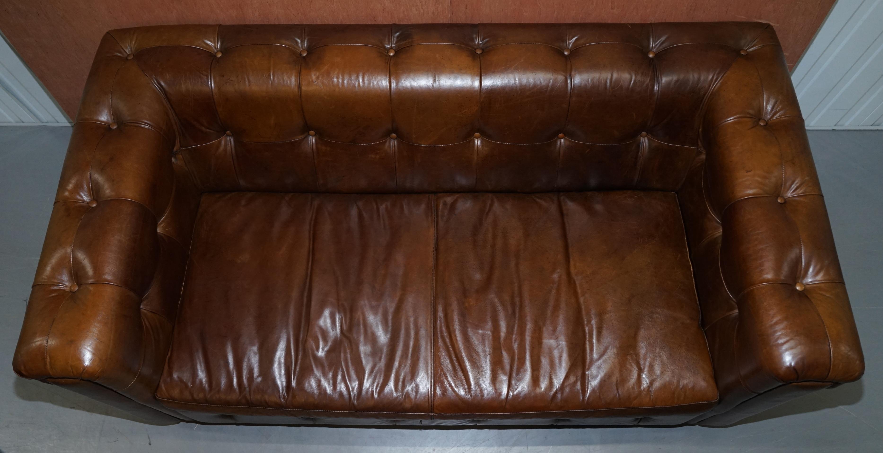 Mid-Century Modern Vintage Heritage Brown Biker Tan Leather 2-3-Seat Sofa Chesterfield Tufting