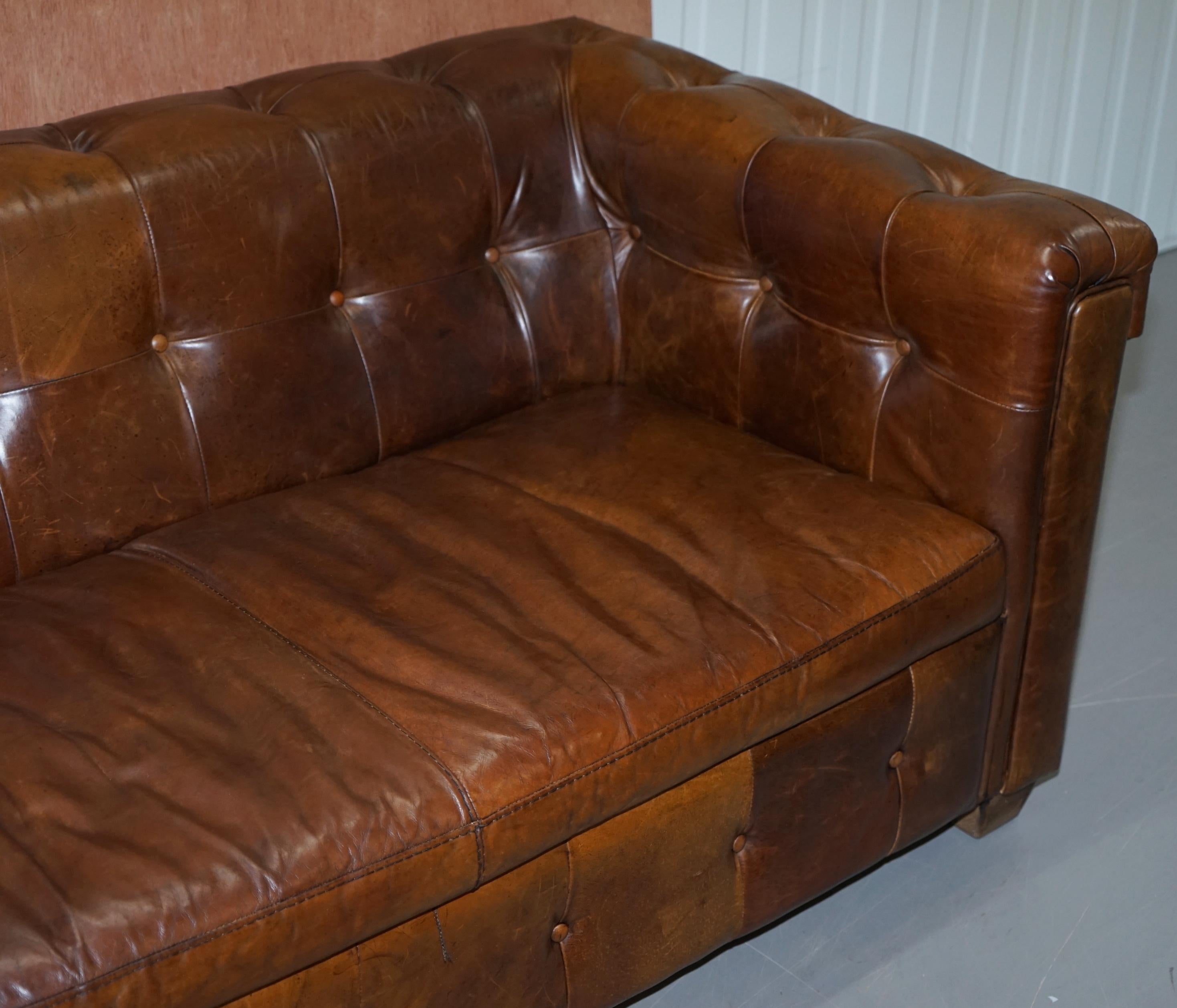 English Vintage Heritage Brown Biker Tan Leather 2-3-Seat Sofa Chesterfield Tufting