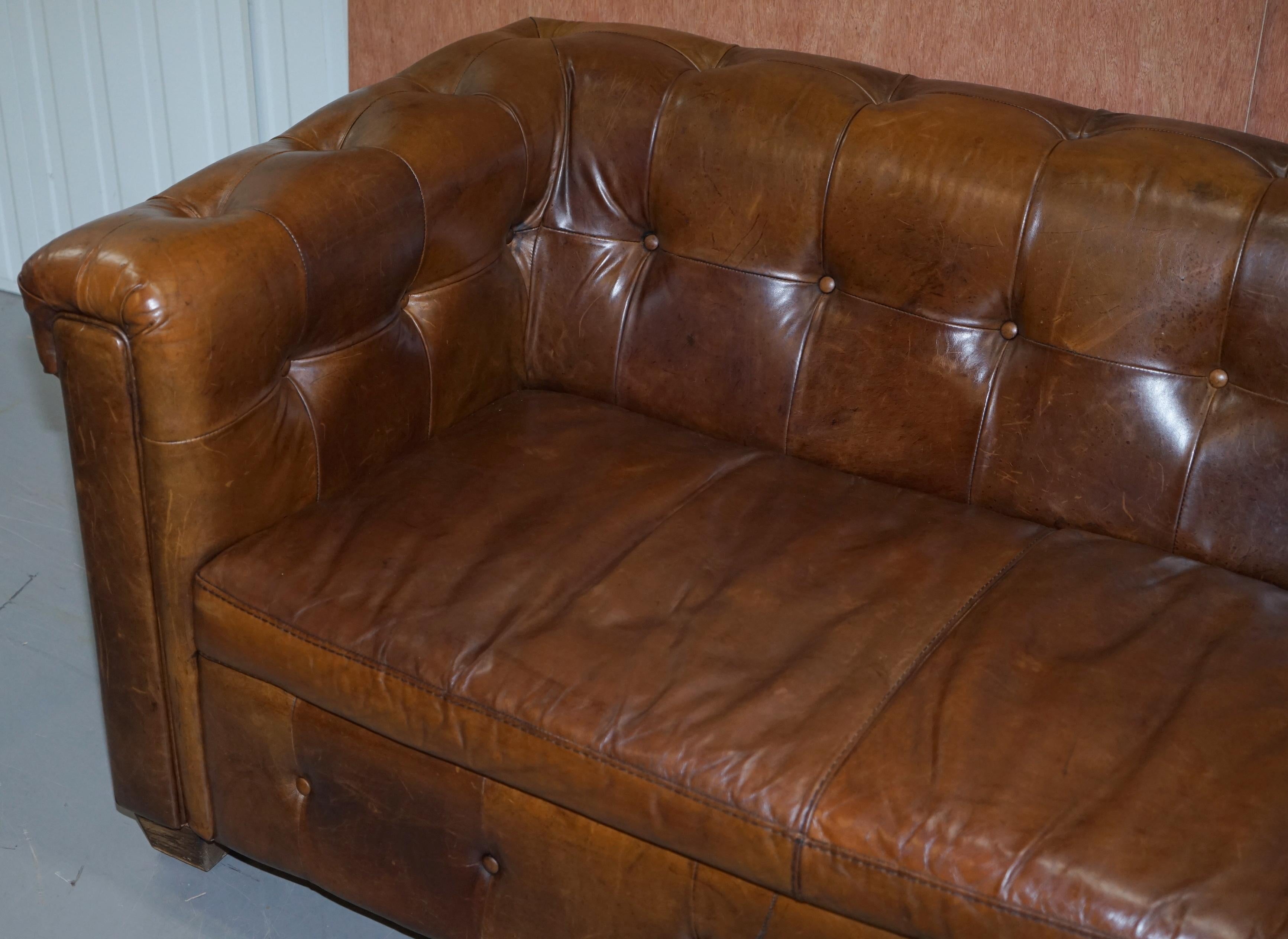 Hand-Crafted Vintage Heritage Brown Biker Tan Leather 2-3-Seat Sofa Chesterfield Tufting