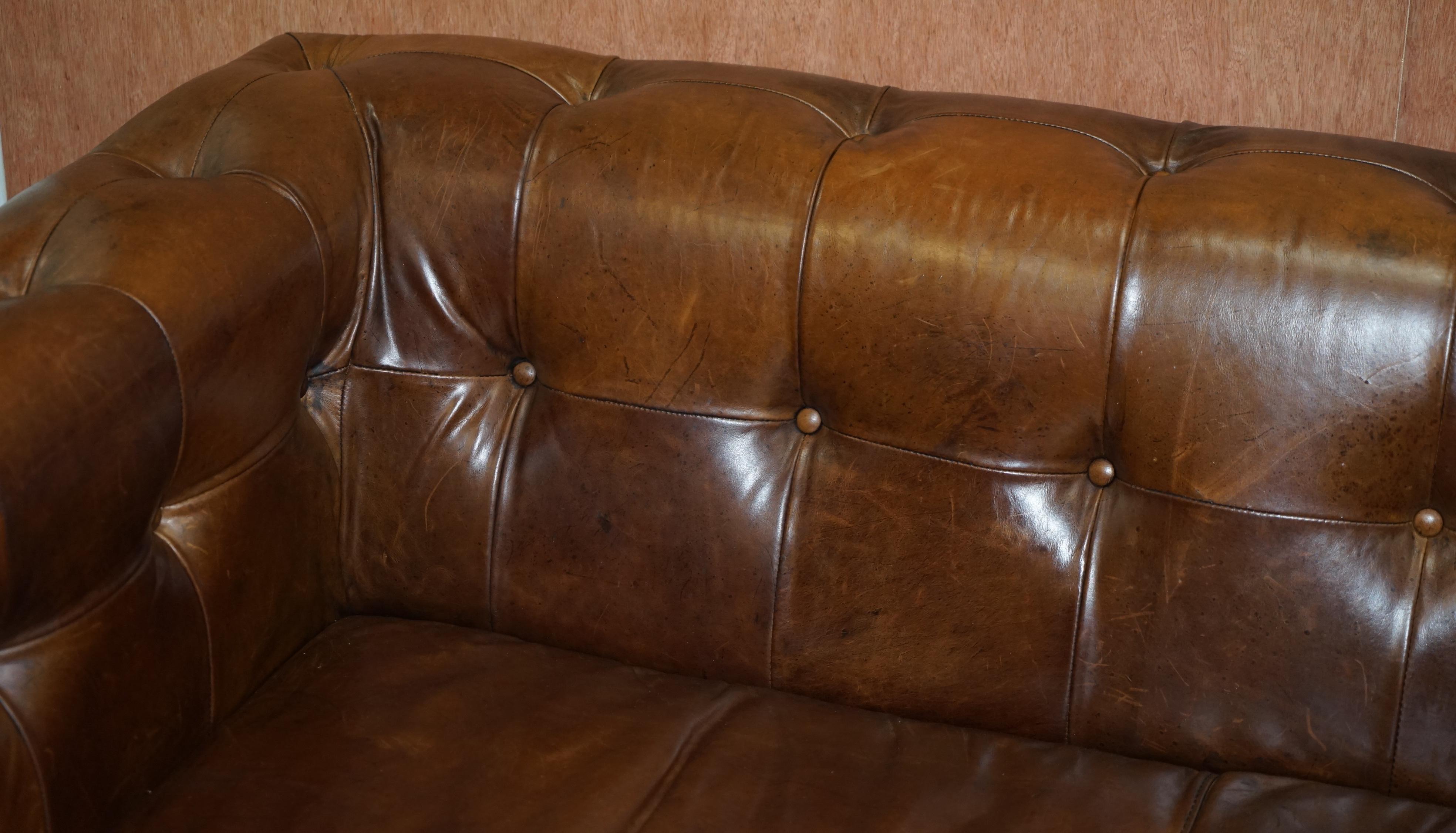 20th Century Vintage Heritage Brown Biker Tan Leather 2-3-Seat Sofa Chesterfield Tufting