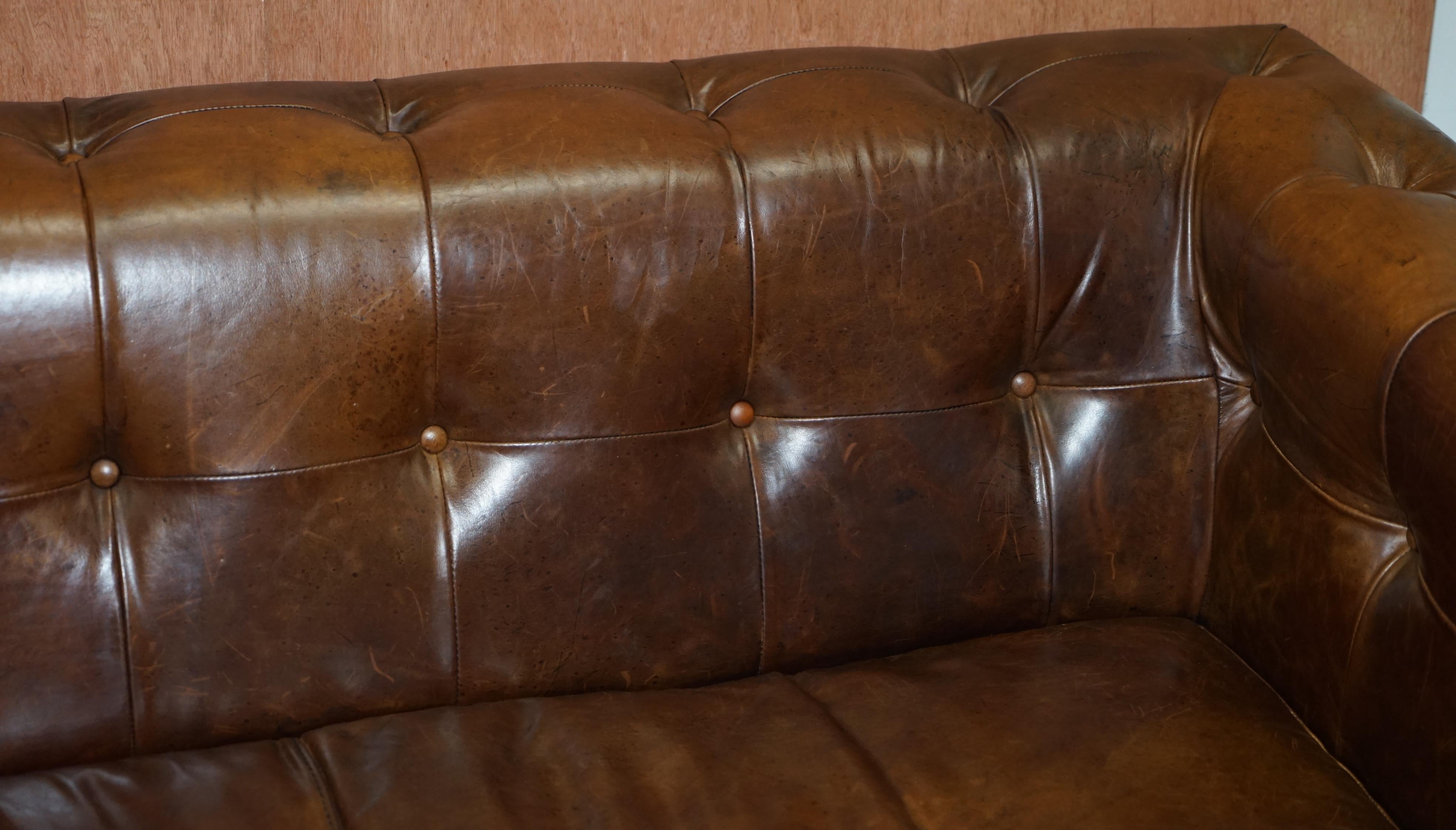 Vintage Heritage Brown Biker Tan Leather 2-3-Seat Sofa Chesterfield Tufting 1