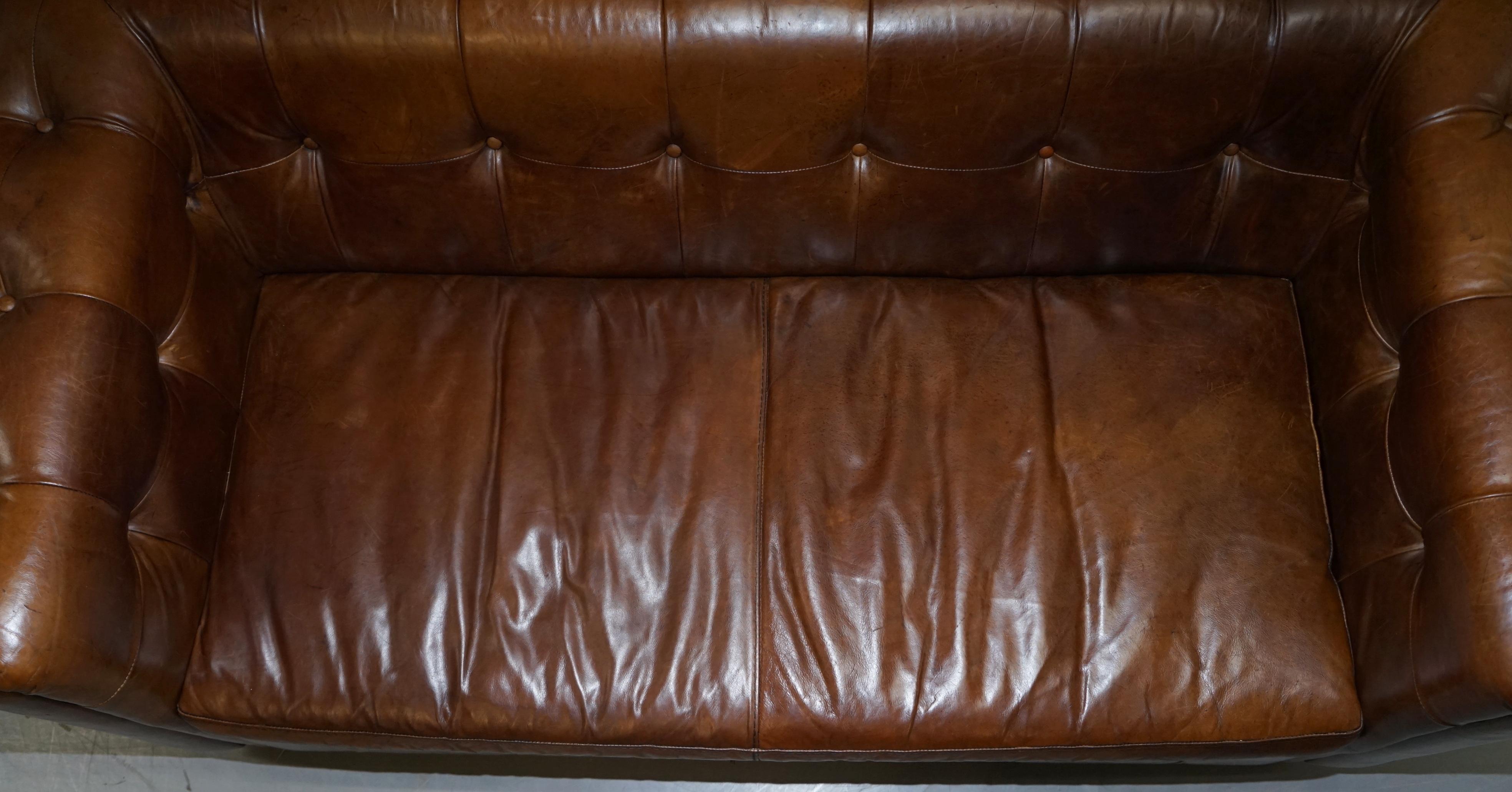 Vintage Heritage Brown Biker Tan Leather 2-3-Seat Sofa Chesterfield Tufting 2