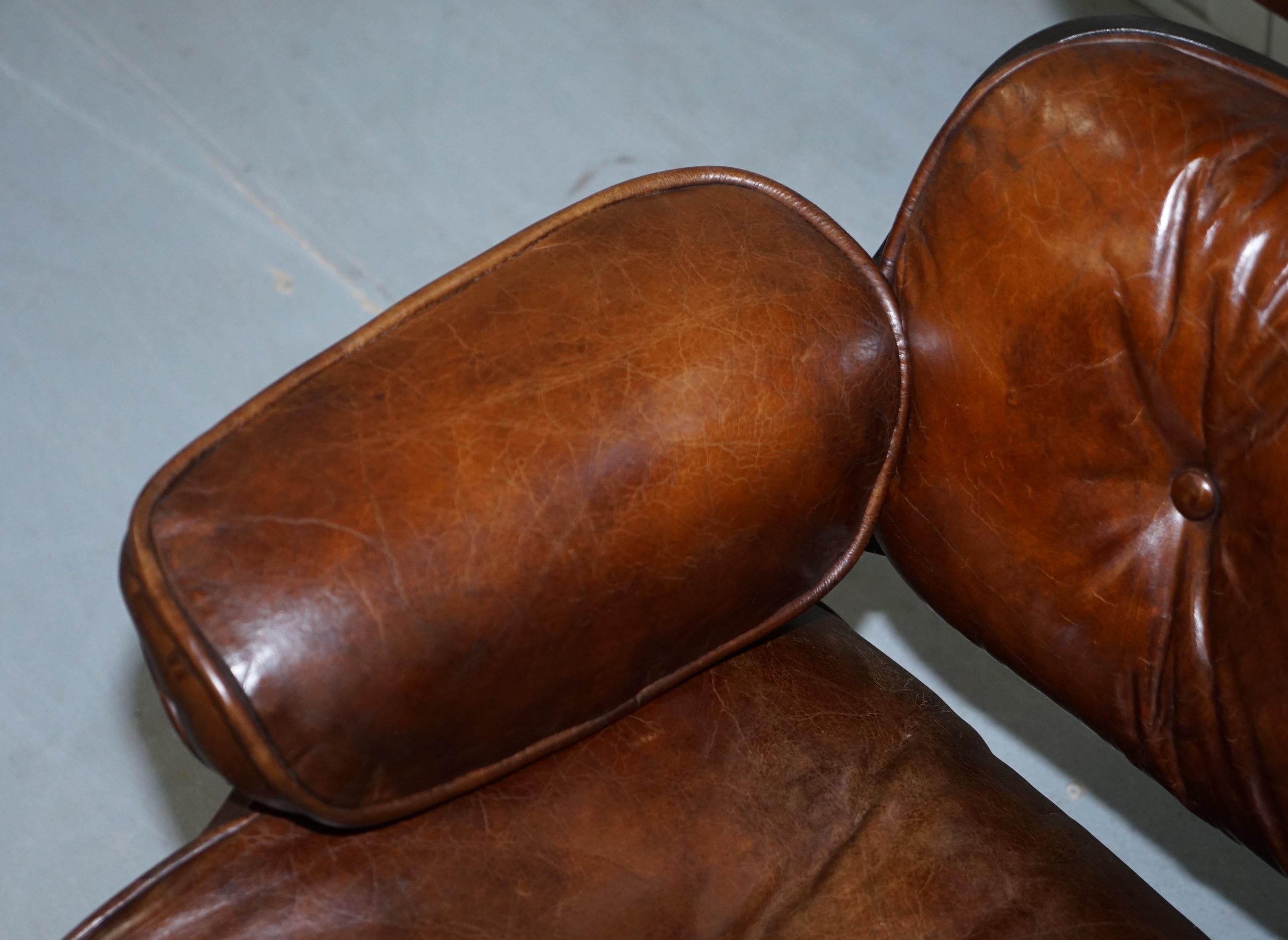 Hand-Crafted VINTAGE HERITAGE BROWN LEATHER LOUNGE ARMCHAIR & MATCHInG OTTOMAN FOOTSTOOL