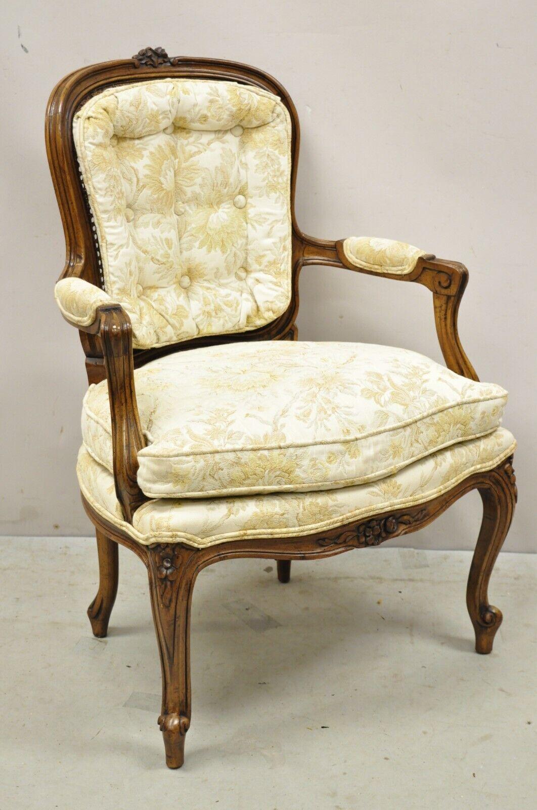 Vintage Heritage French Louis XV Style Cane Back Fauteuil Arm  Chair. Item  Solid wood frame, distressed finish, nicely carved details original label, cabriole legs, quality American craftsmanship, great style and form. Circa Late 20th Century.