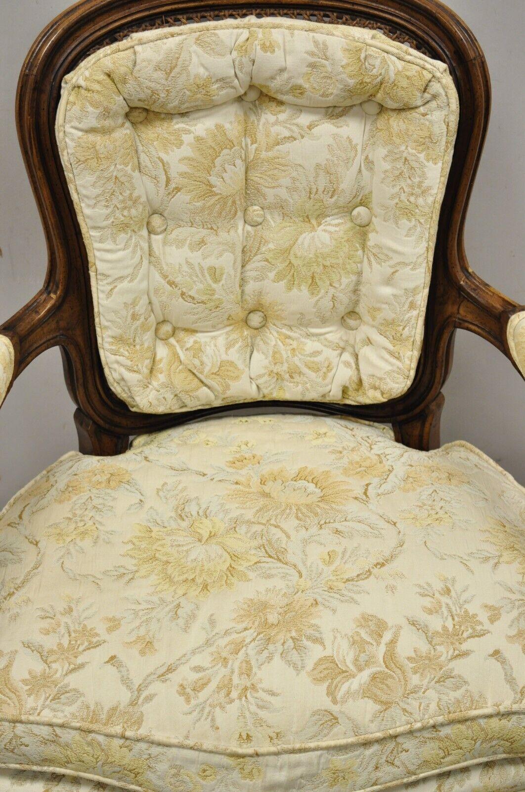 Fabric Vintage Heritage French Louis XV Style Cane Back Fauteuil Arm Chair For Sale