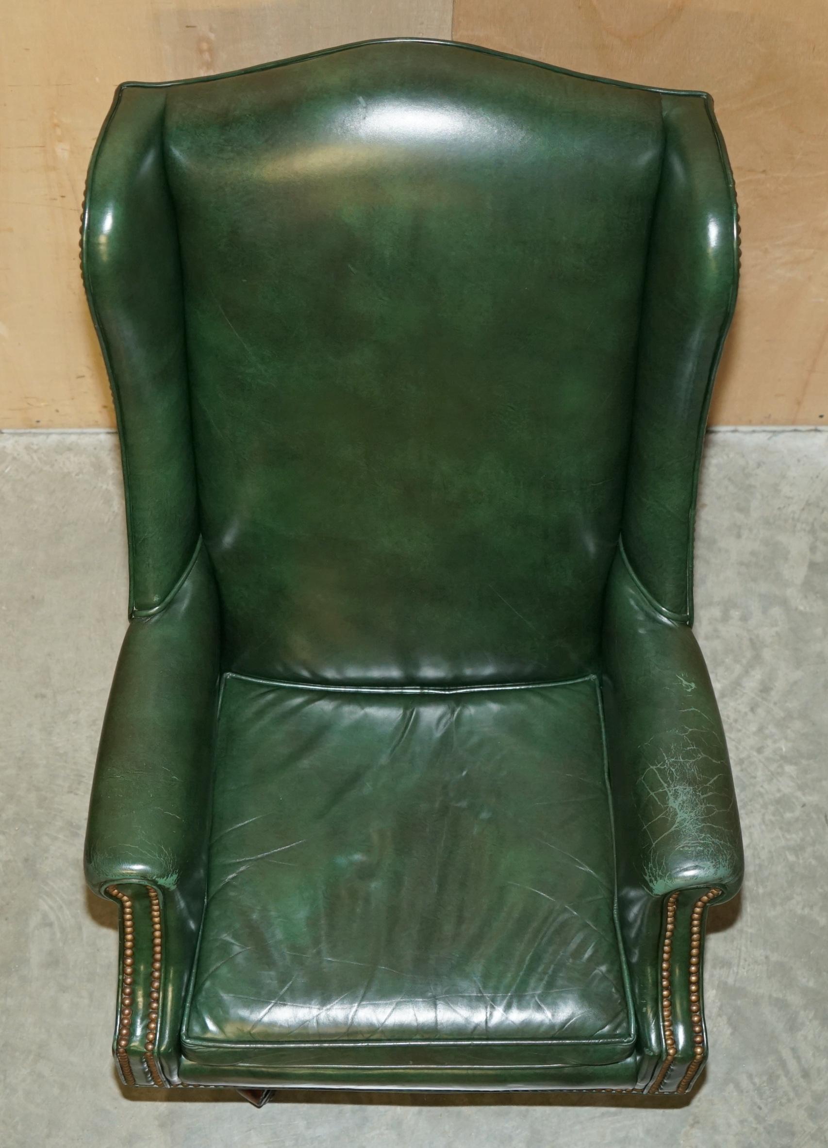 ViNTAGE HERITAGE GREEN LEATHER CAPTAINS WINGBACK OFFICE SWIVEL DIRECTORS CHAIR For Sale 5