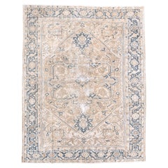 Vintage Heriz Carpet with Dark Blue Border and Rosette and Leaf Design