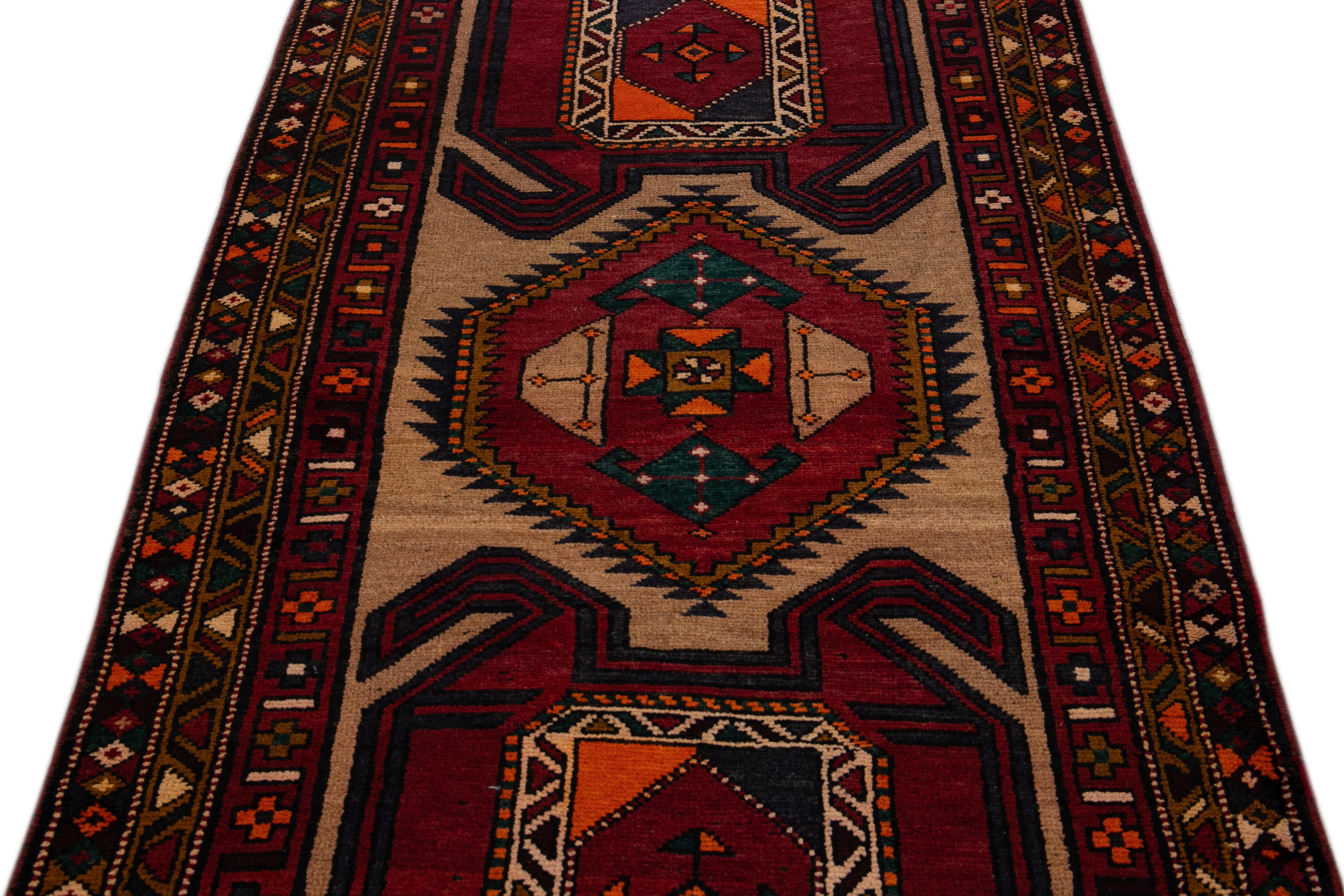 Heriz Serapi Vintage Heriz Handmade Geometric Wool Brown And Red Runner For Sale