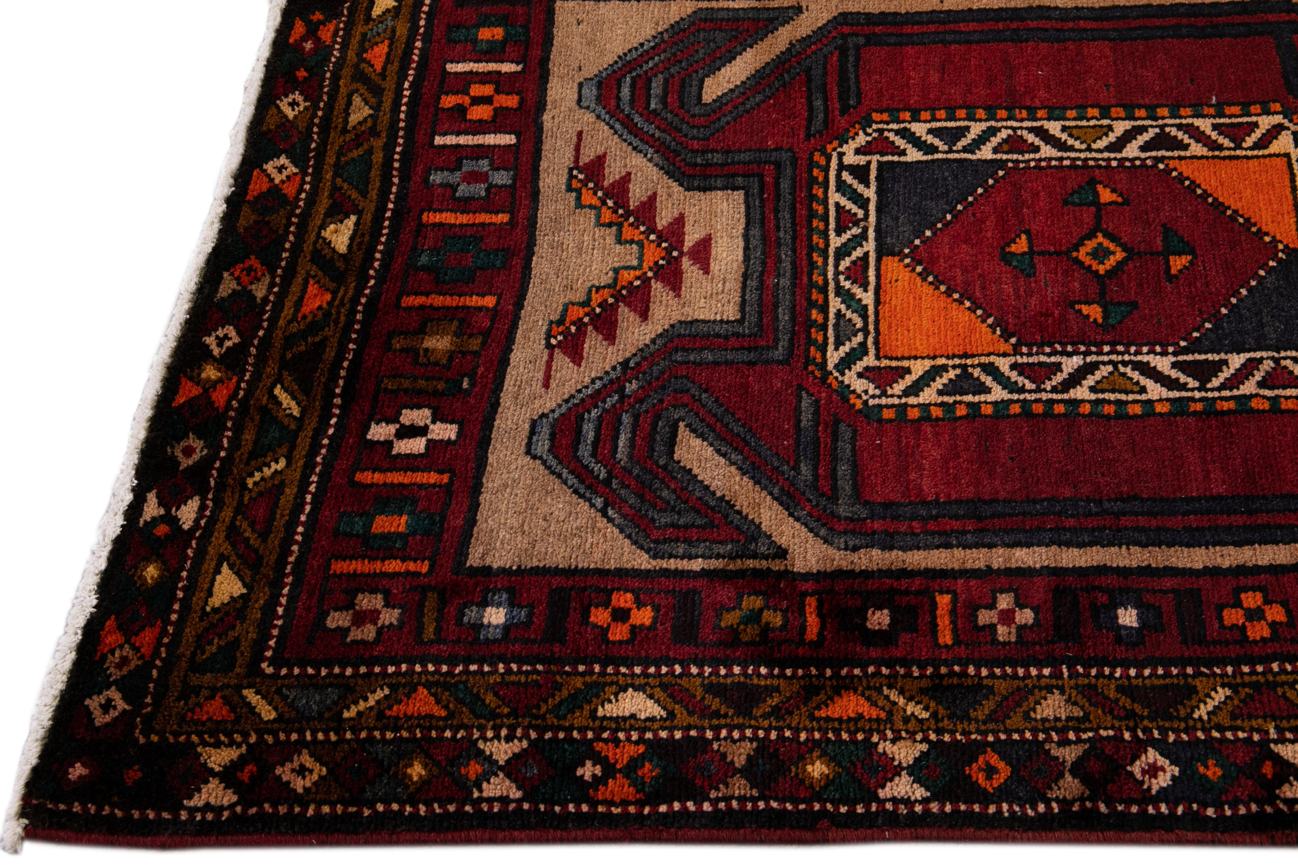 Persian Vintage Heriz Handmade Geometric Wool Brown And Red Runner For Sale