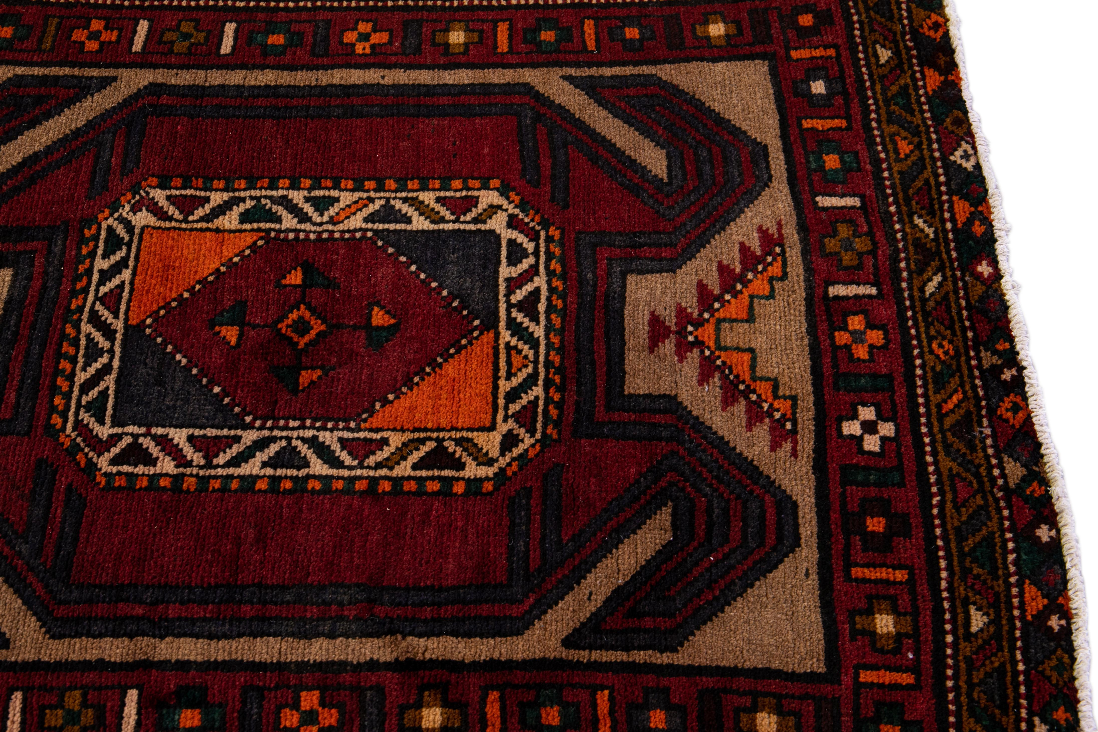 20th Century Vintage Heriz Handmade Geometric Wool Brown And Red Runner For Sale