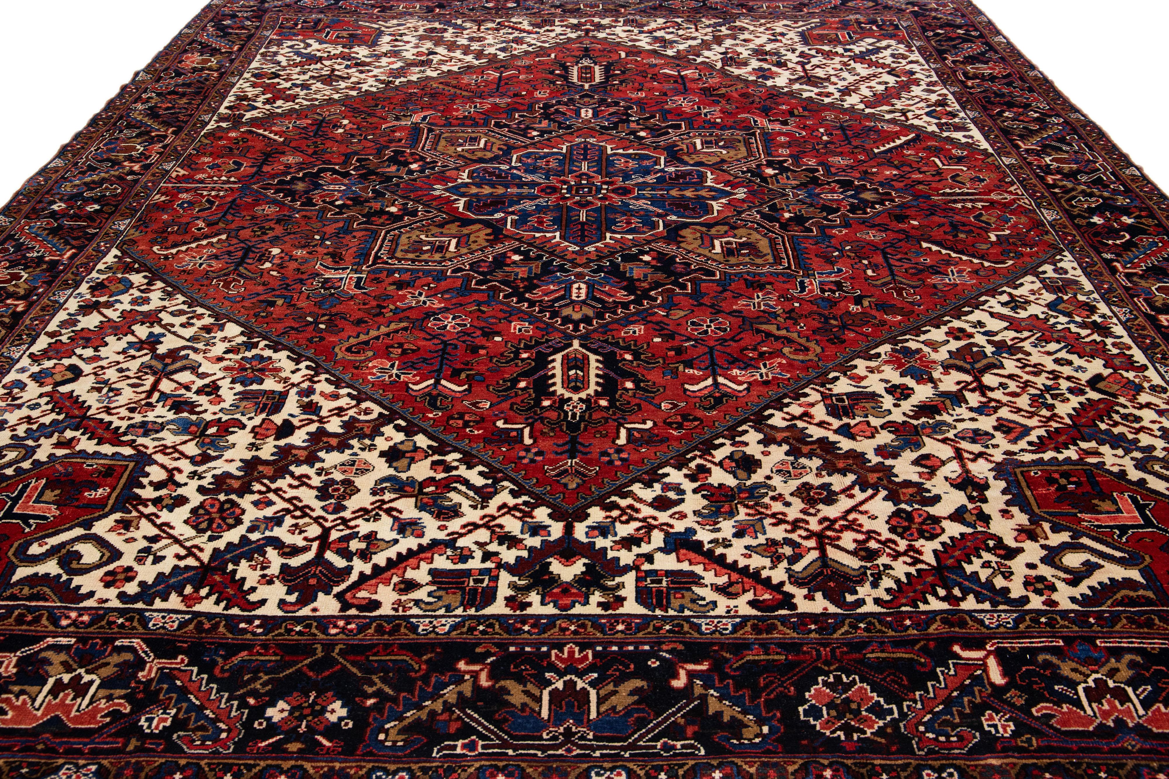 Heriz Serapi Vintage Heriz Handmade Medallion Motif Red Wool Rug For Sale