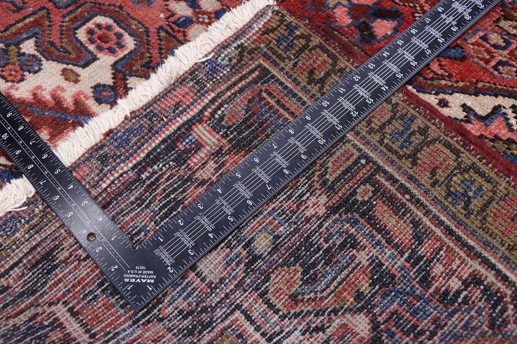 Vintage Heriz Persian Area Rug with Federal and American Colonial Style In Fair Condition For Sale In Dallas, TX