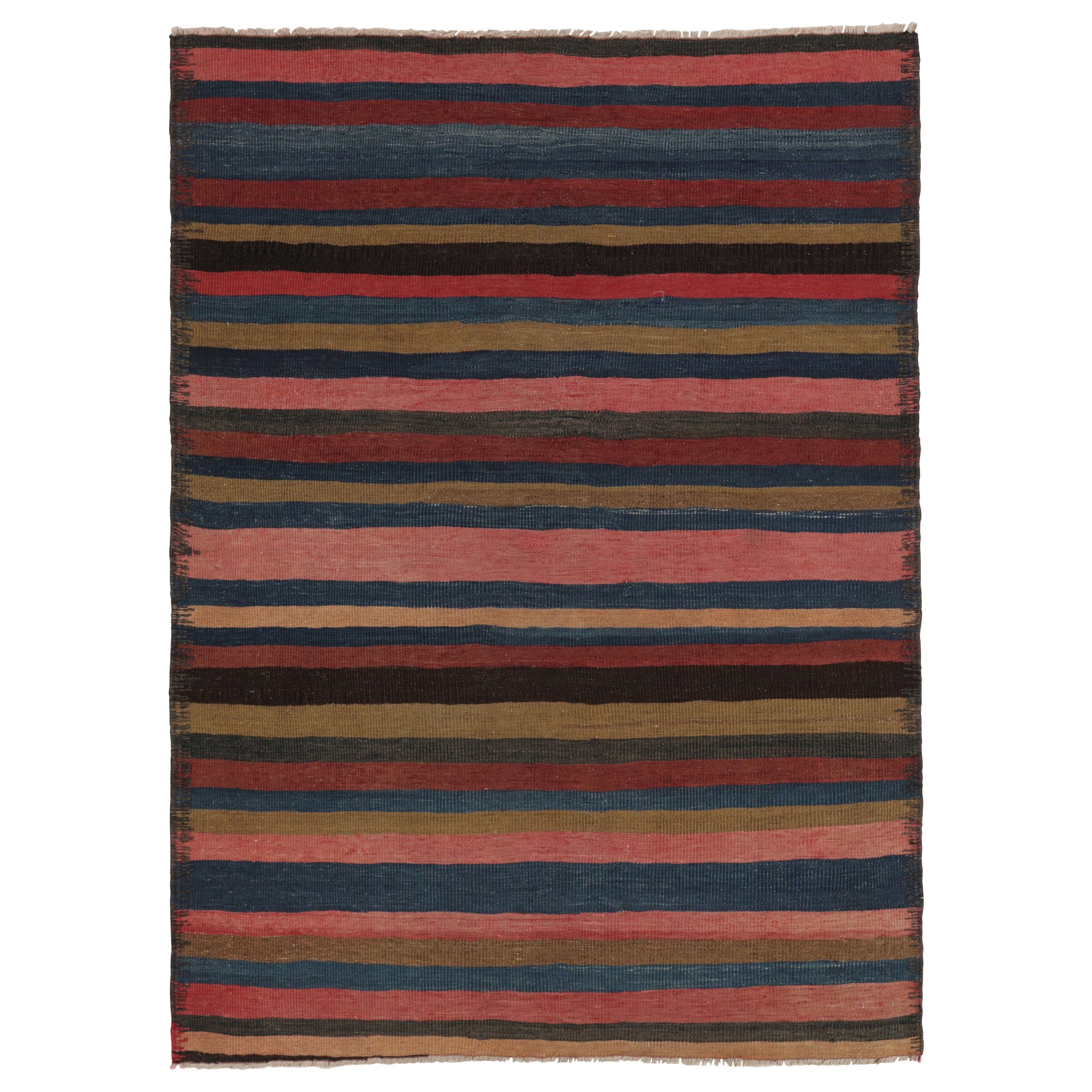 Vintage Heriz Persian Kilim in Pink and Blue Geometric Stripes - Rug & Kilim