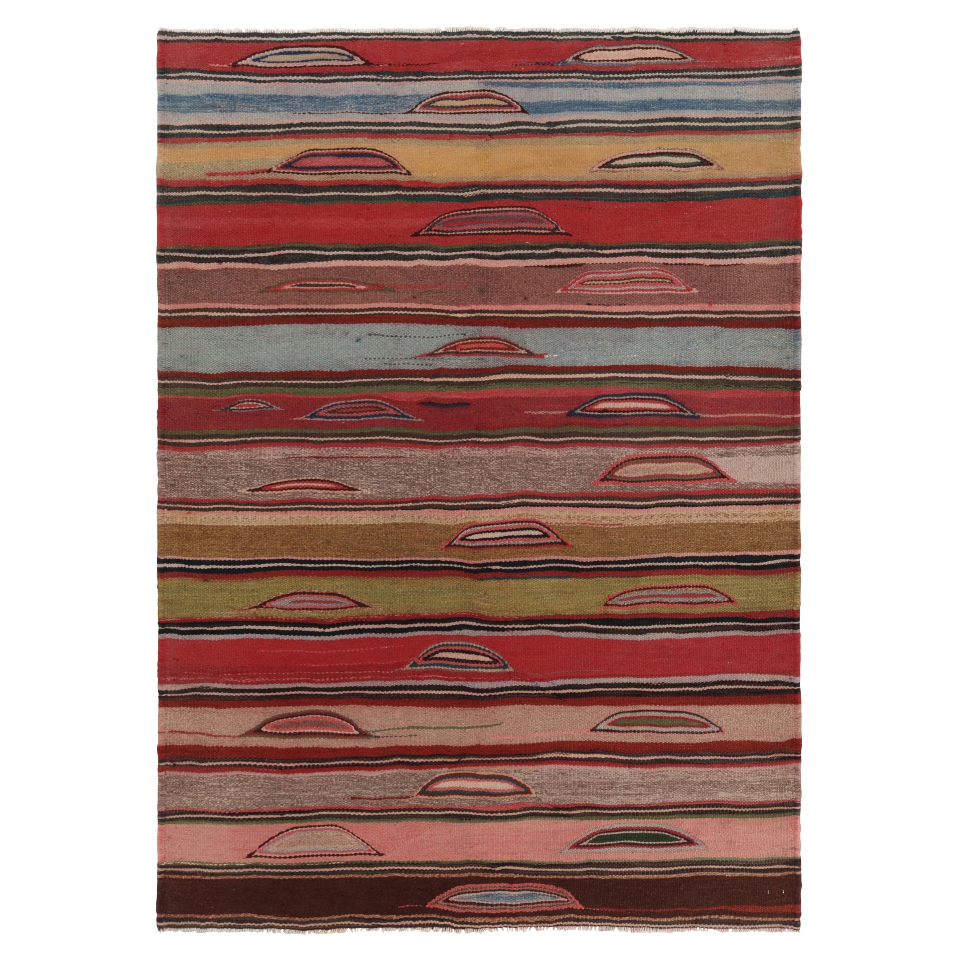 Vintage Heriz Persian Kilim in Pink and Colorful Geometric Stripes - Rug & Kilim