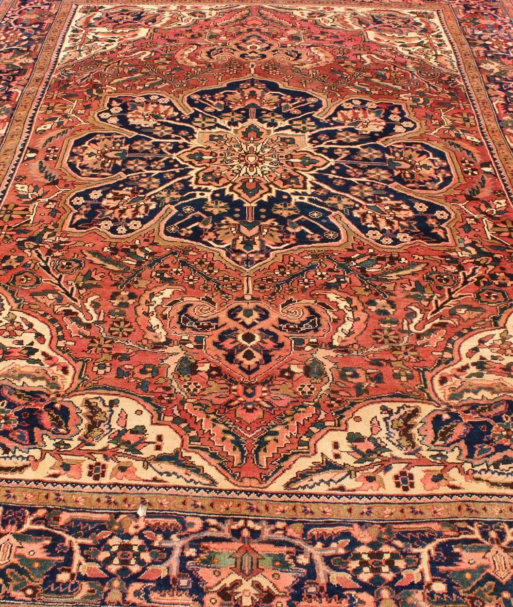 Semi Antique Heriz Persian Rug with Geometric Medallion in Rust and Blue 2
