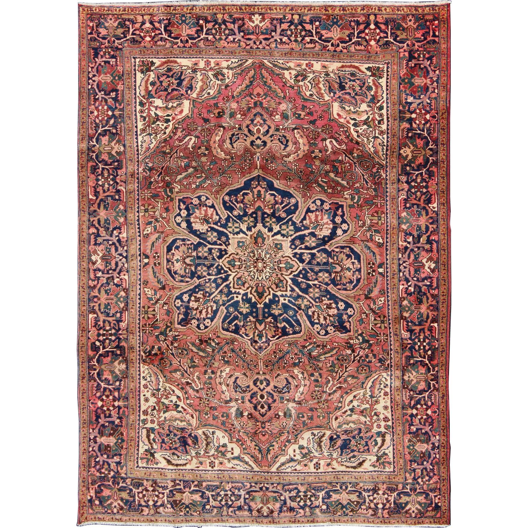 Semi Antique Heriz Persian Rug with Geometric Medallion in Rust and Blue
