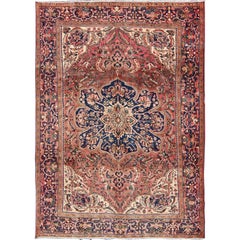 Semi Vintage Heriz Persian Rug with Geometric Medallion in Rust and Blue