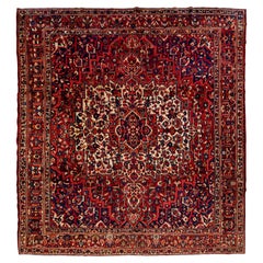 Tappeto quadrato in lana vintage Heriz Red fatto a mano con disegno a medaglione