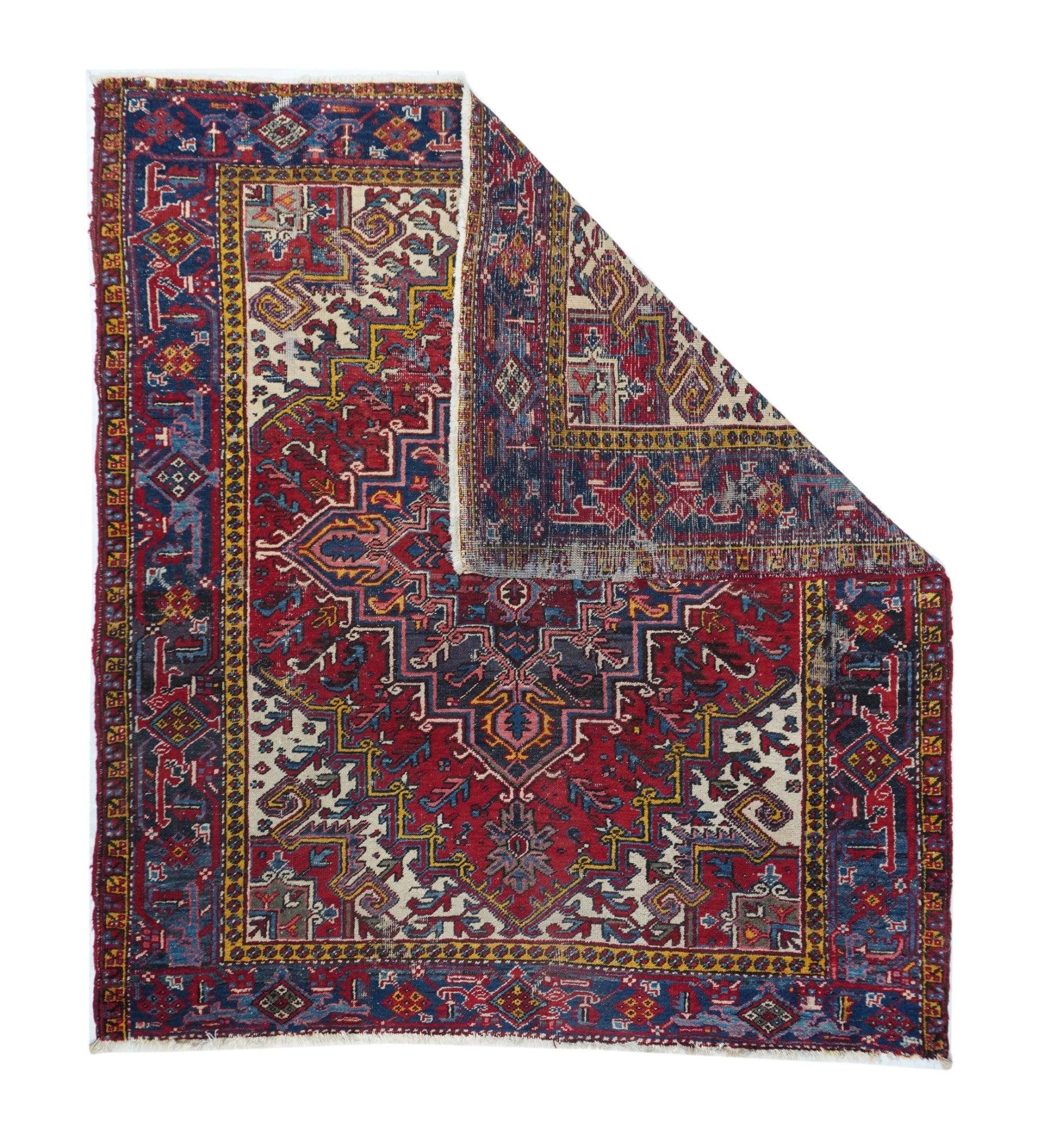 Vintage Heriz Rug 6'11'' x 7'6''. The numerous rugs of the famous NW Persian weaving district, from small scatters to giant carpets and a few runners, in semi-geometric medallion, centralized and strictly allover patterns, on cotton foundations,