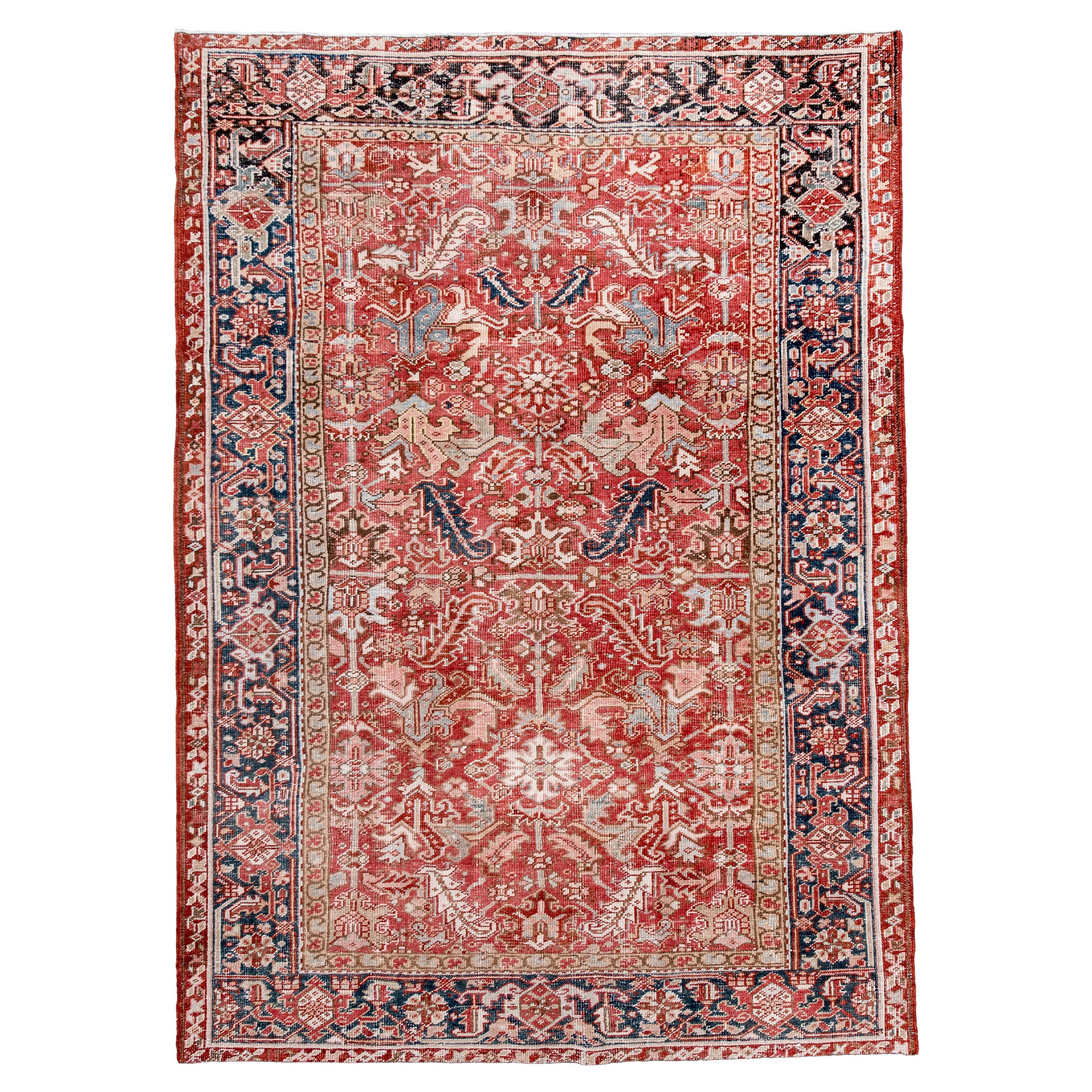 Vintage Heriz Rug with Brick Red Field and Ivory Floral Medallion