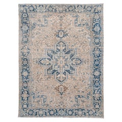 Vintage Heriz Rug with Cream Ground and Indigo Medallion