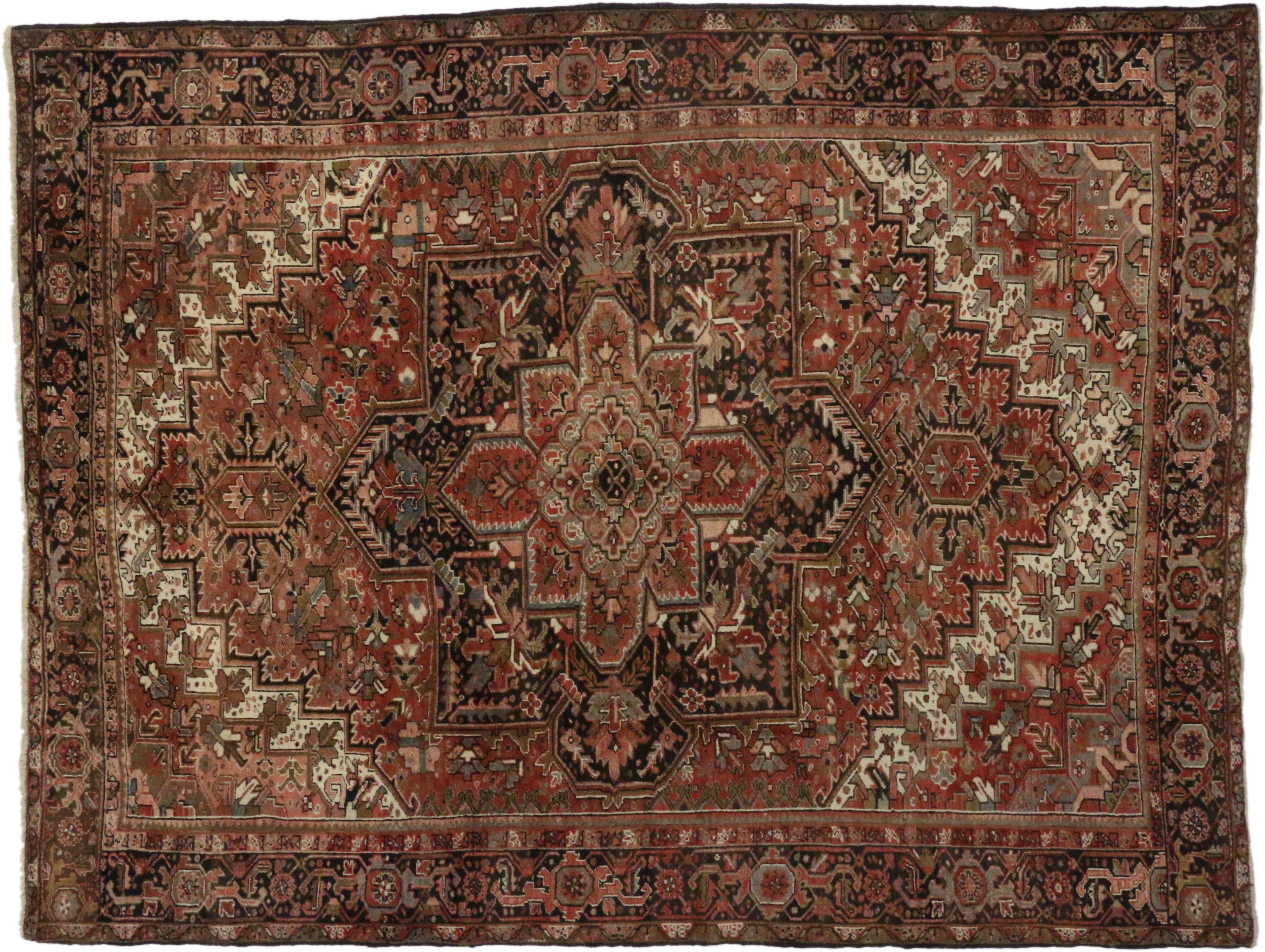 Hand-Knotted Vintage Heriz Rug with Luxe Style and Warm, Rustic Colors For Sale