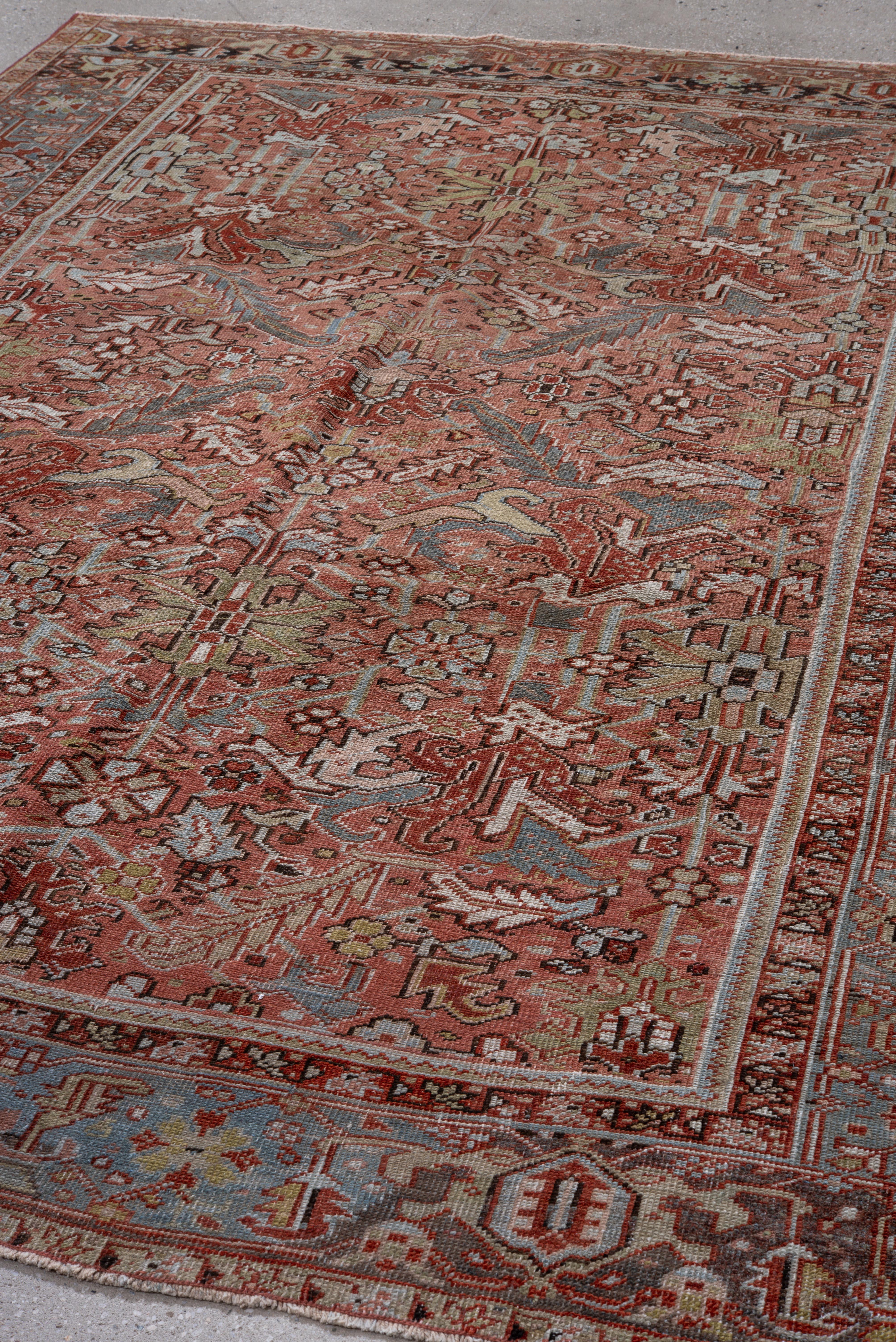 Alfombra Heriz Vintage con suave campo de terracota y motivos botánicos azul y verde Lana en venta