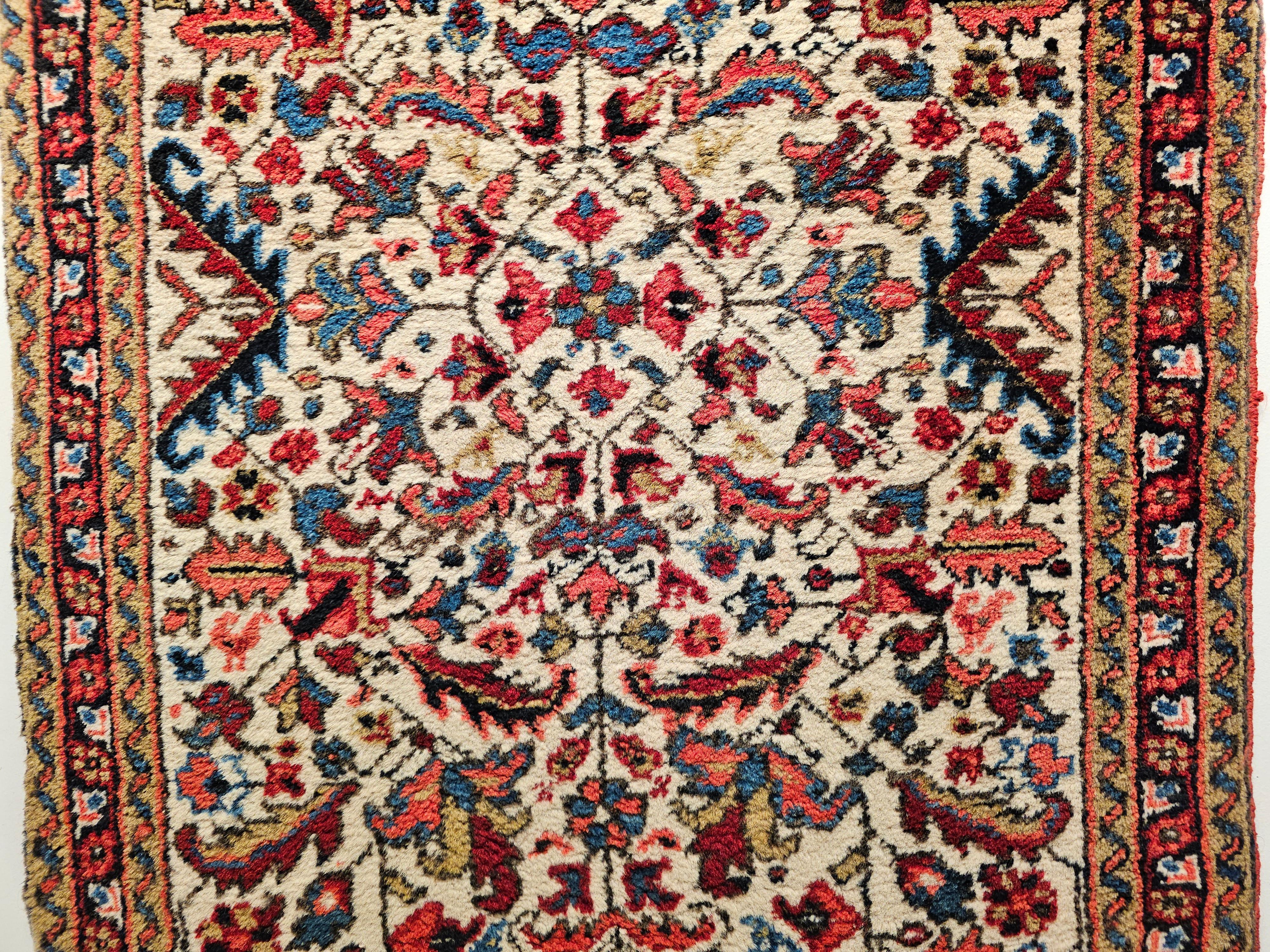 Vintage Persian Heriz Runner in Allover Geometric Pattern in Ivory, Green, Blue In Good Condition For Sale In Barrington, IL