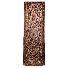 Tapis de couloir persan Heriz vintage à motif géométrique sur toute sa surface en ivoire, vert et bleu
