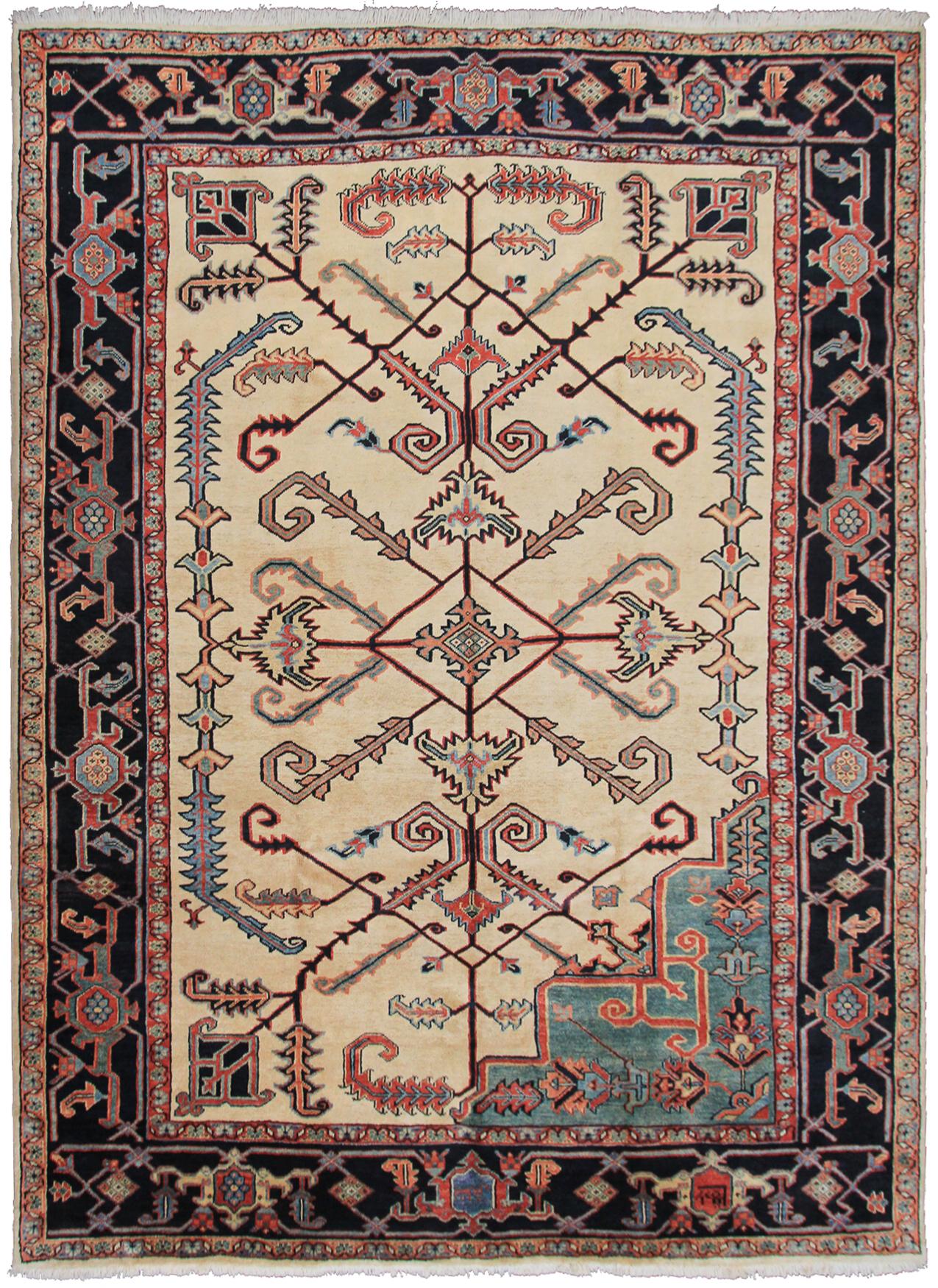 Geometrischer persischer Heriz Serapi Teppich in Elfenbein, handgefertigter Heriz-Teppich (Ende des 20. Jahrhunderts) im Angebot