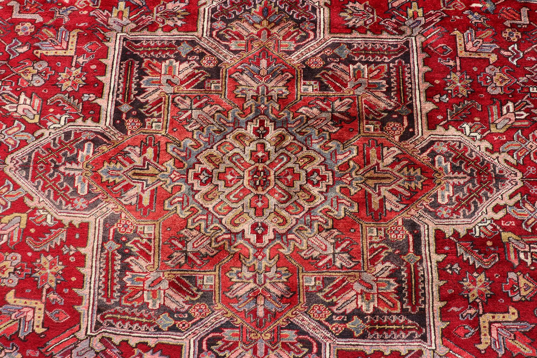 Persian Vintage Heriz with Geometric Diamond Design in Reds, Ivory, Blue & Charcoal For Sale