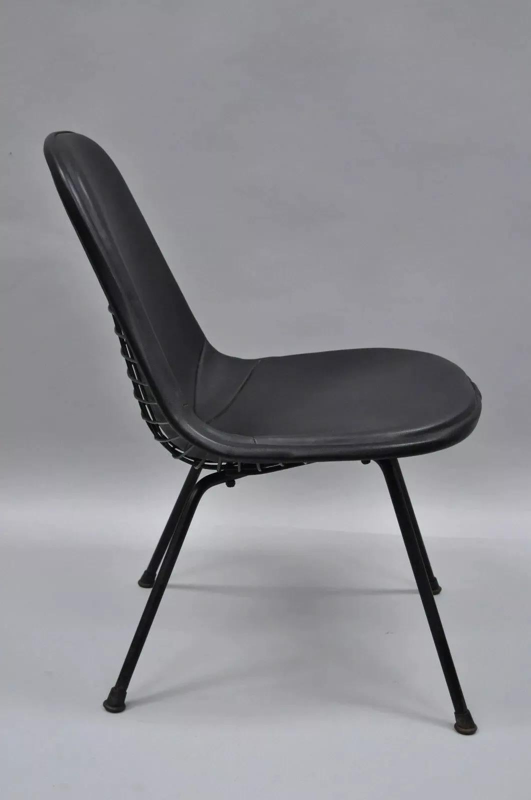 20th Century Vintage Herman Miller Eames DKX Black Upholstered Padded Vinyl Wire Frame Chair For Sale