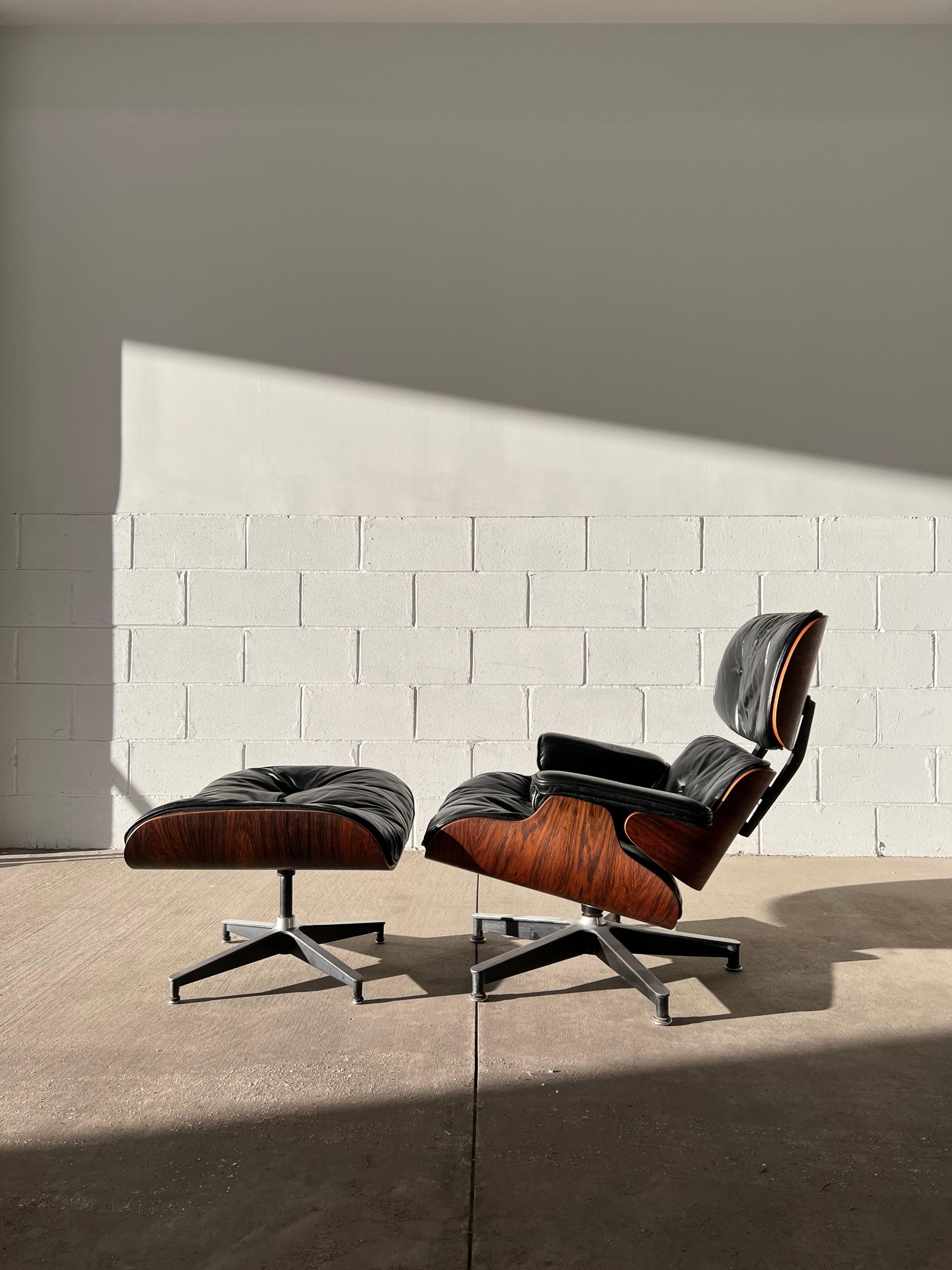 Second generation rosewood and leather lounge chair and ottoman by Ray and Charles Eames for Herman Miller. 1960-1971.