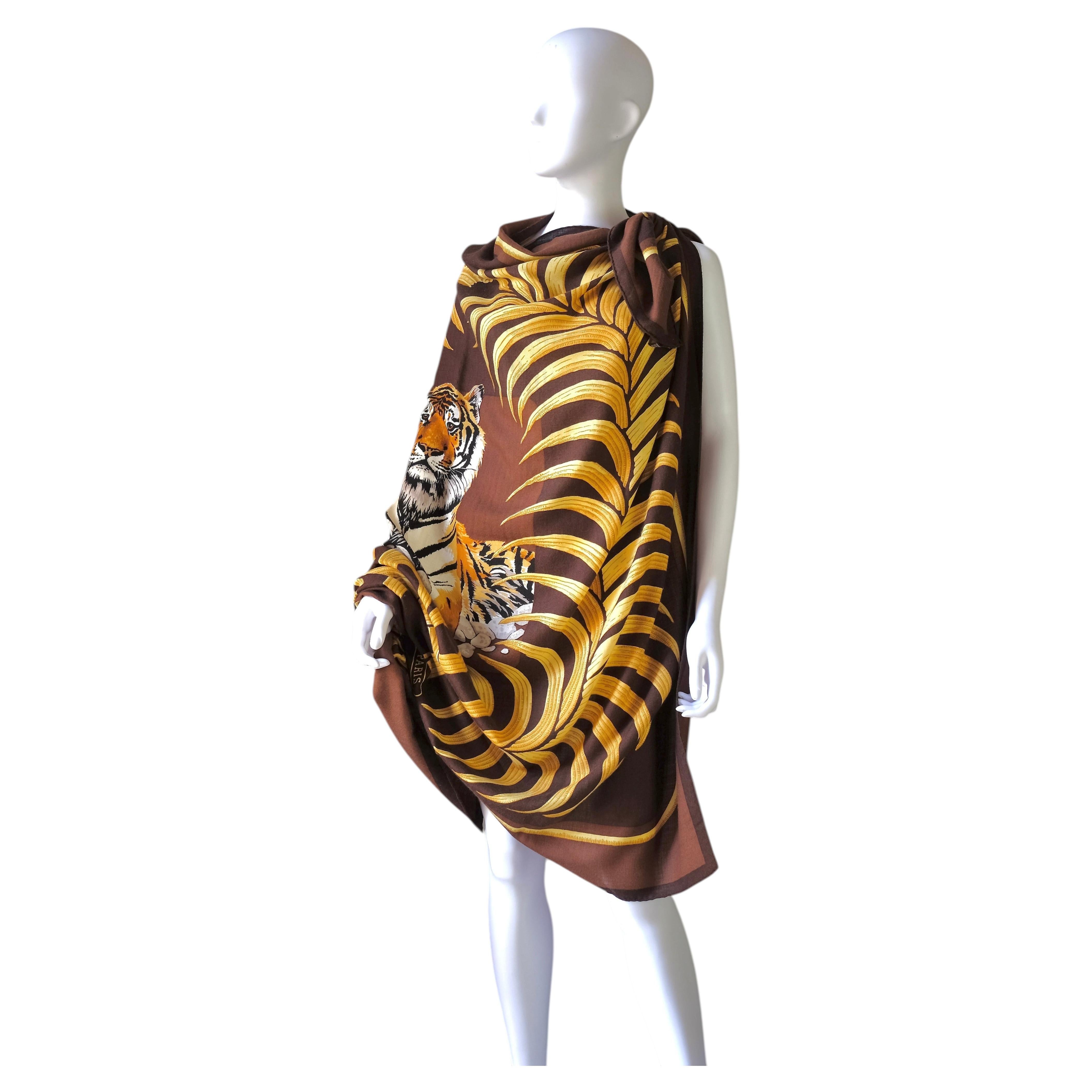 Vintage HERMÈS 140cm Cashmere Silk Scarf 'Tigre Royal' by Christiane Vauzelles