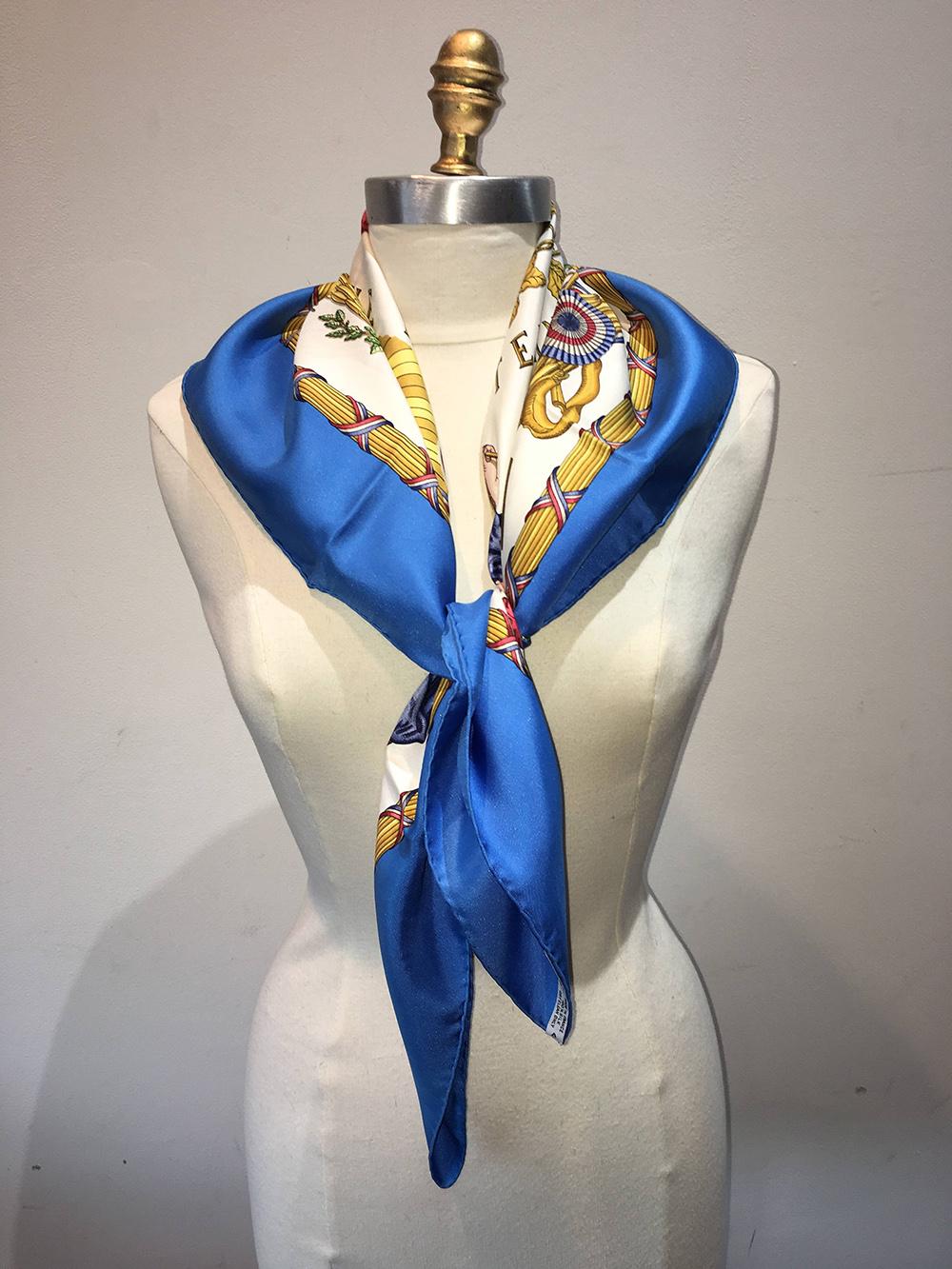 Women's or Men's Vintage Hermes 1789 Liberte Egalite Fraternite Silk Scarf in Blue