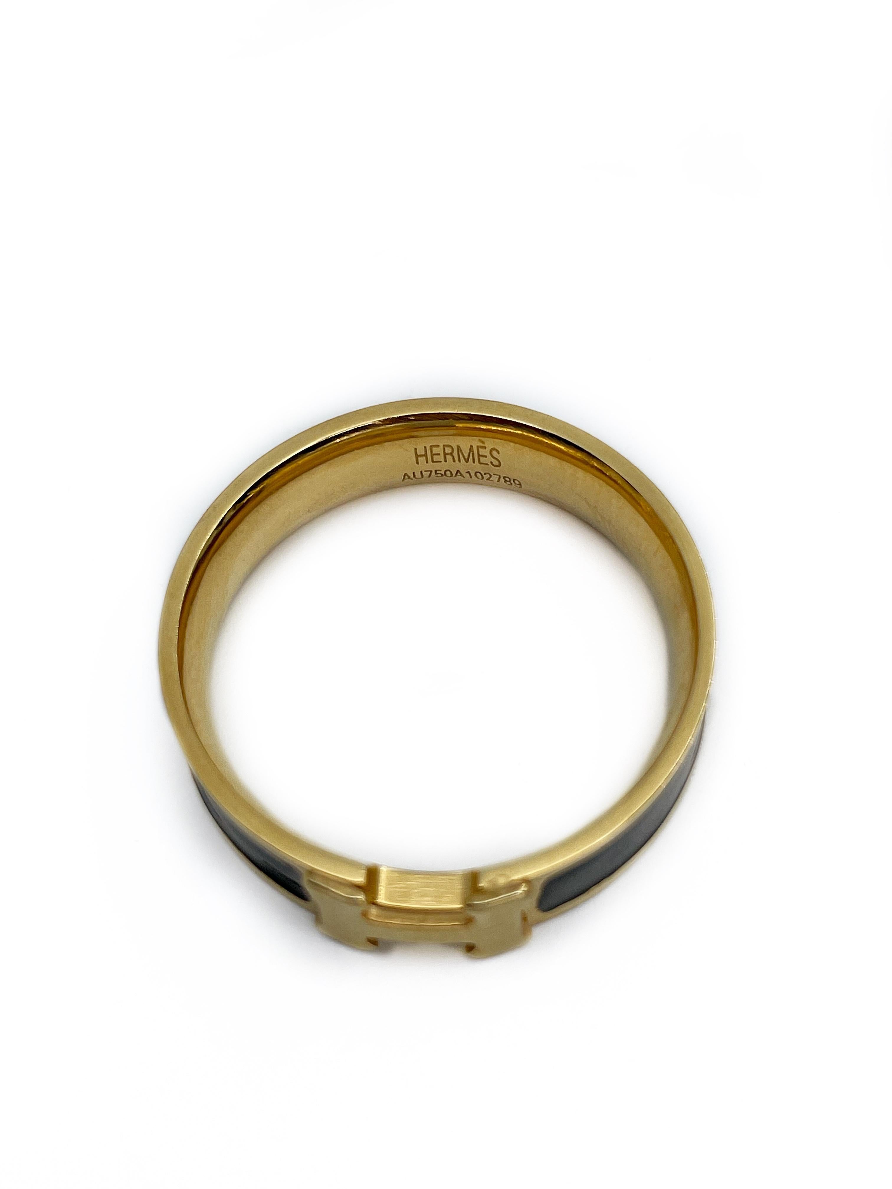Modern Vintage Hermès 18 Karat Yellow Gold Black Enamel Clic H Ring