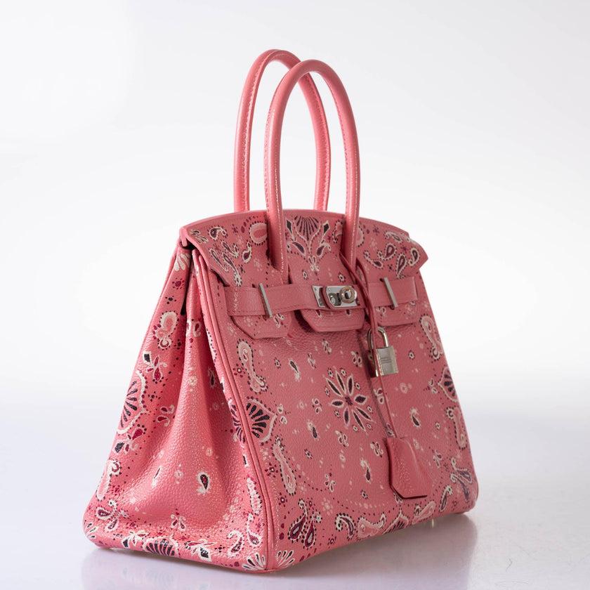 Vintage Hermès Birkin 30 Custom Pink Bandana Togo Palladium Hardware

This Togo Birkin 30 has been transformed with custom painted pink bandana artwork. A unique shade of custom pink covers the entire outside of the bag with a stunning hand-painted
