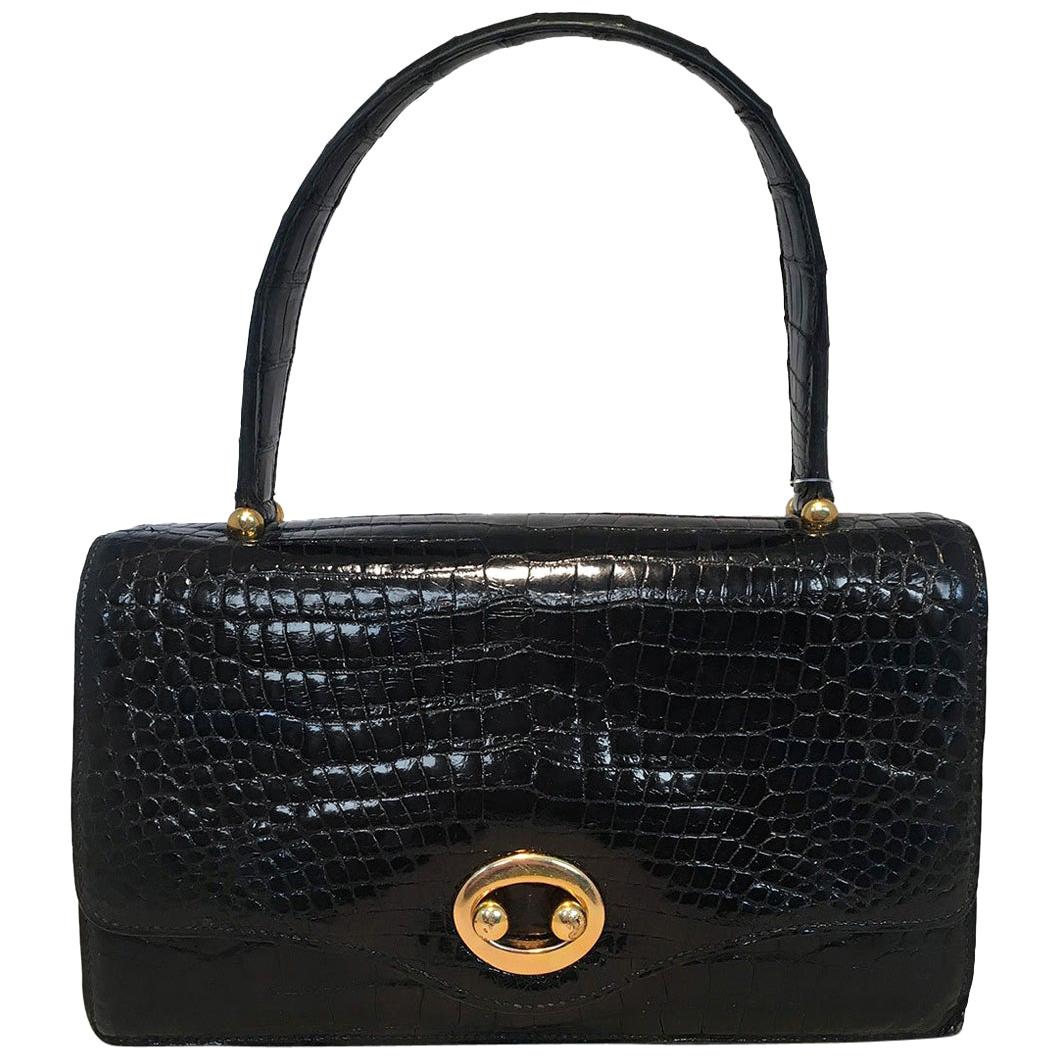 Vintage Hermes Black Alligator Handbag c1960s