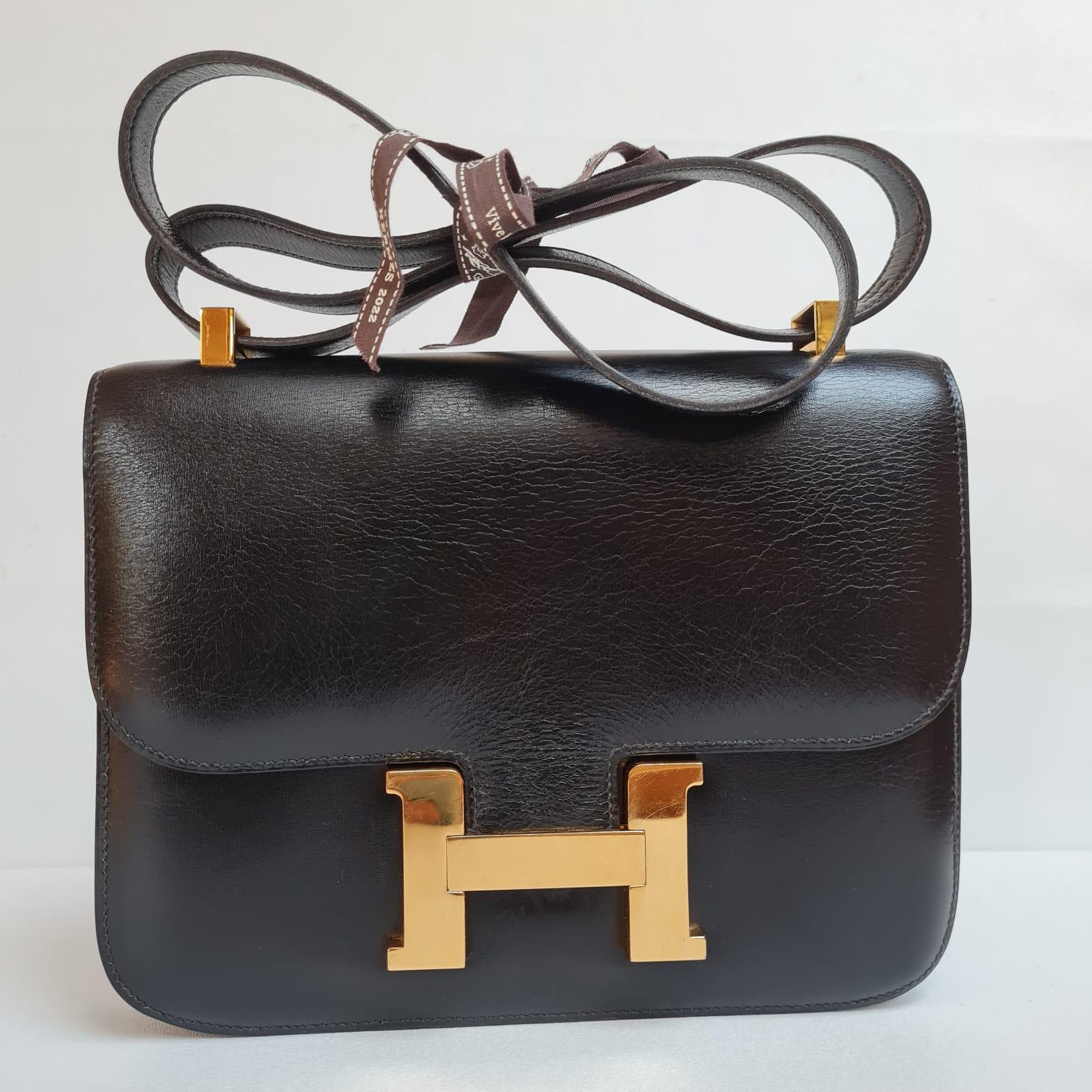 Vintage Hermes Black Box Leather Constance 23 Bag GHW 13