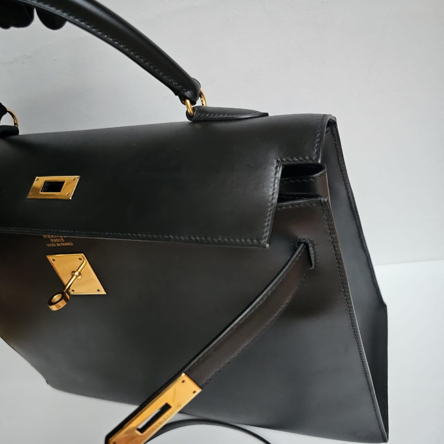 Vintage Hermes Black Box Leather Kelly 35 Bag 6