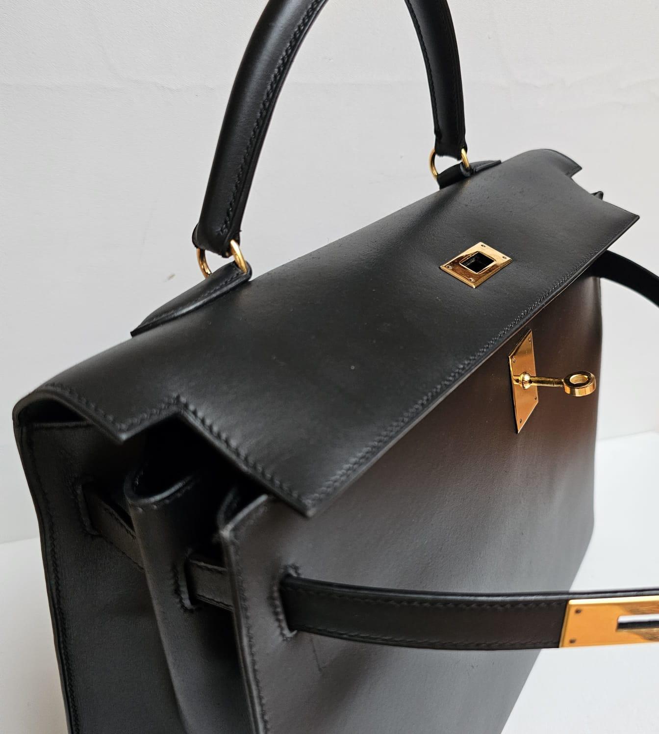 Vintage Hermes Black Box Leather Kelly 35 Bag 7