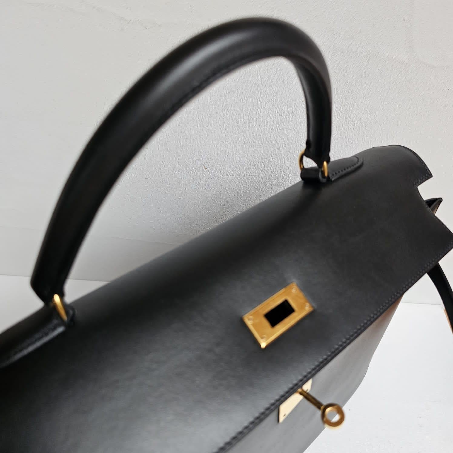 Vintage Hermes Black Box Leather Kelly 35 Bag 8