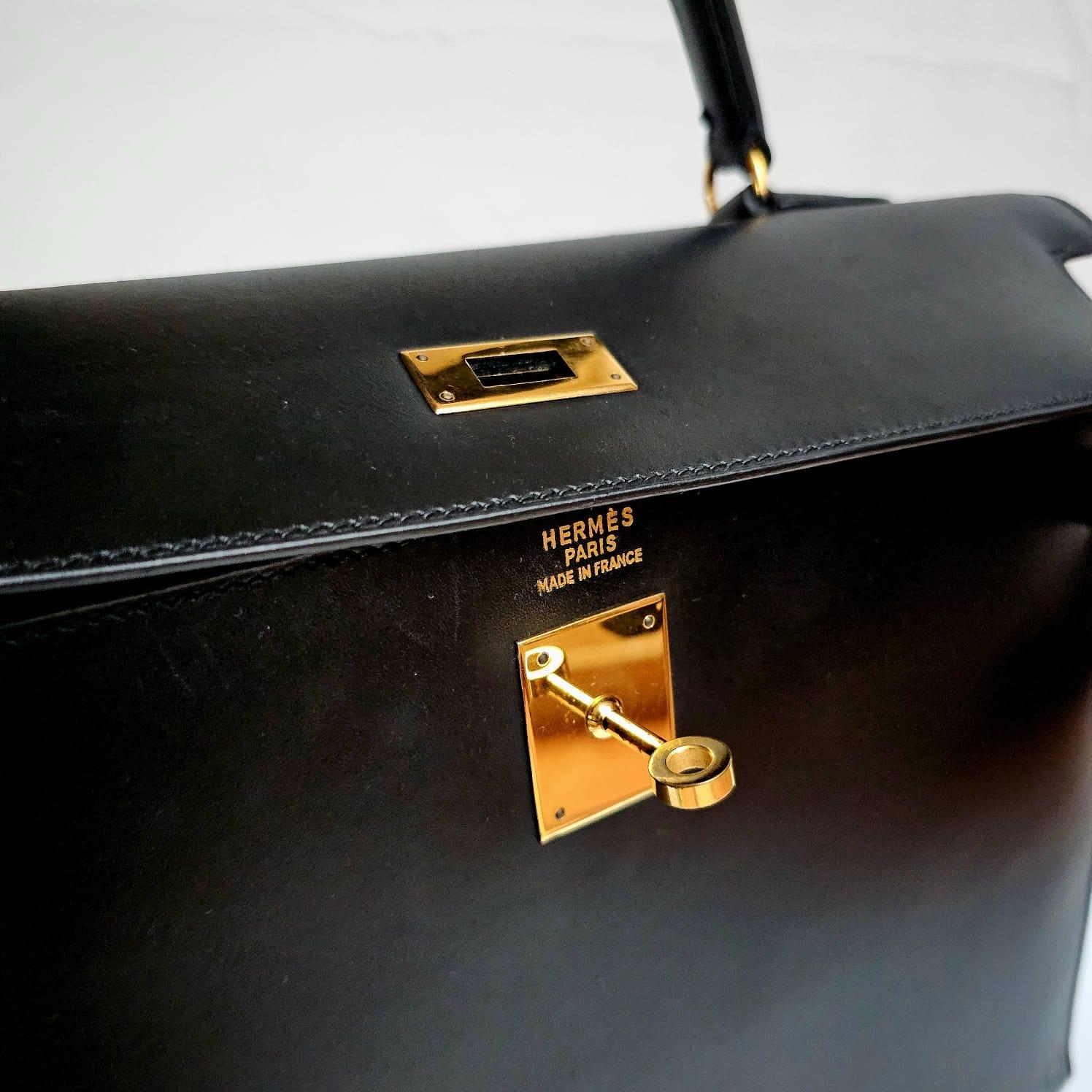 Women's or Men's Vintage Hermes Black Box Leather Kelly 35 Bag