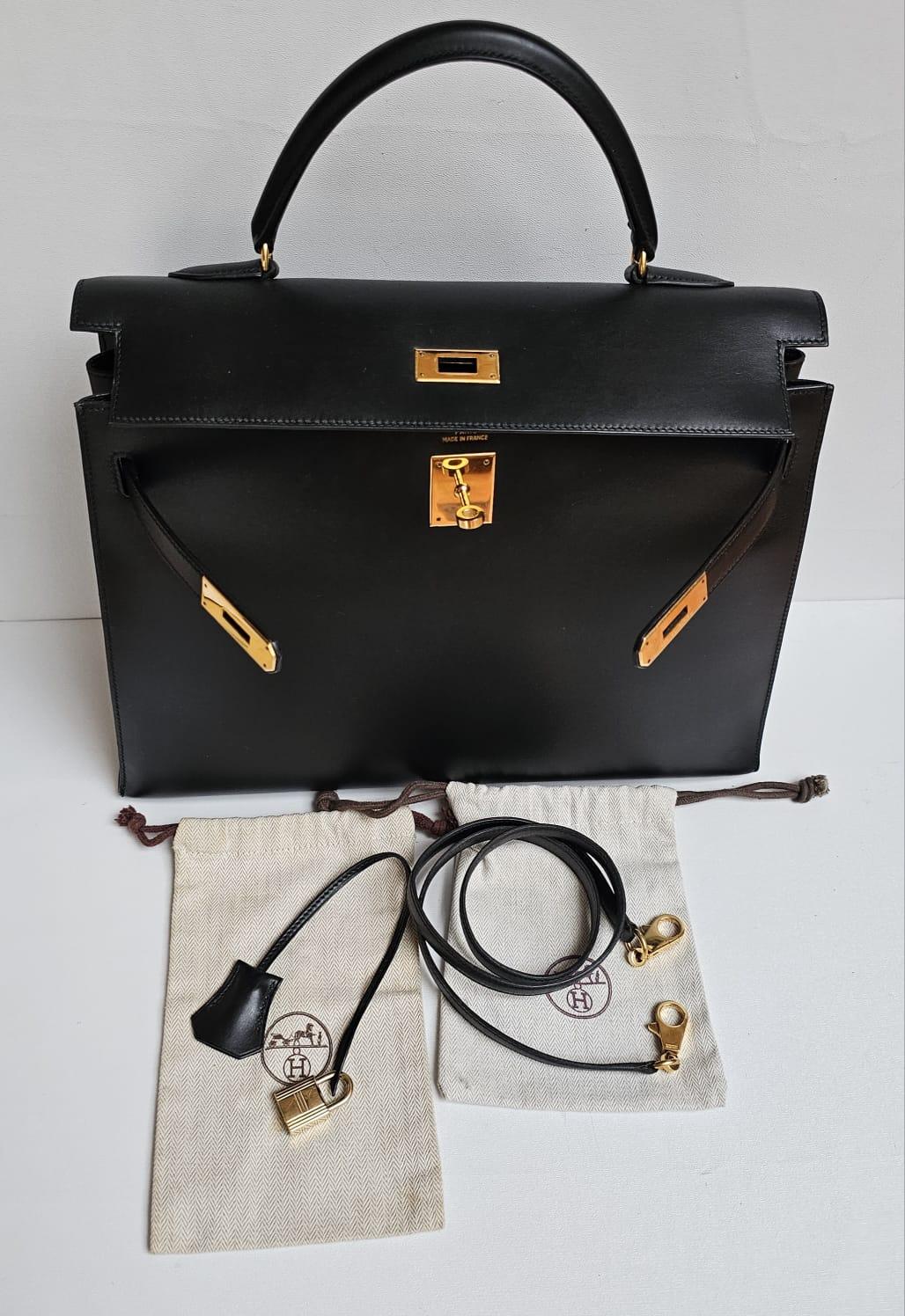 Vintage Hermes Black Box Leather Kelly 35 Bag 1