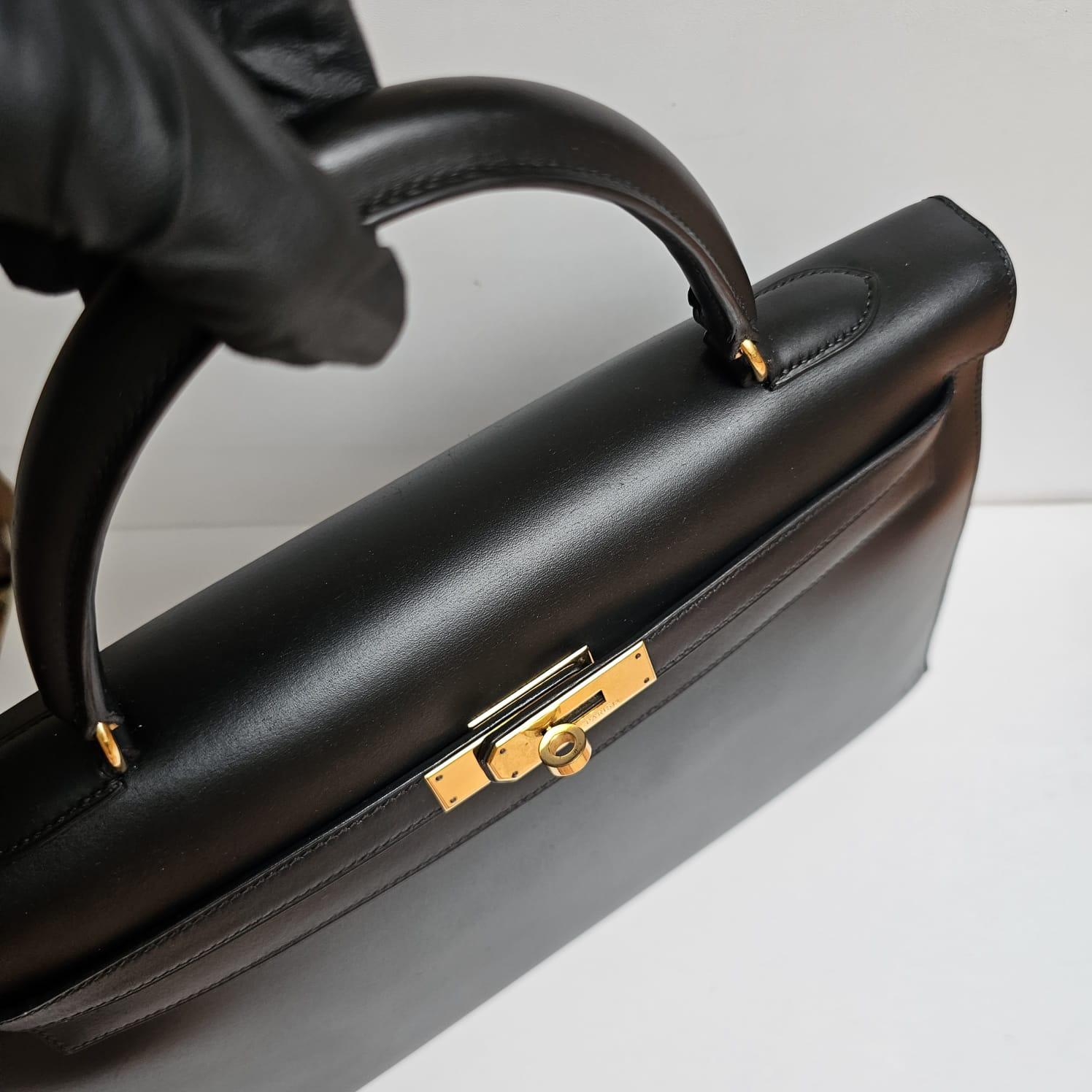 Vintage Hermes Black Box Leather Kelly 35 Bag 2
