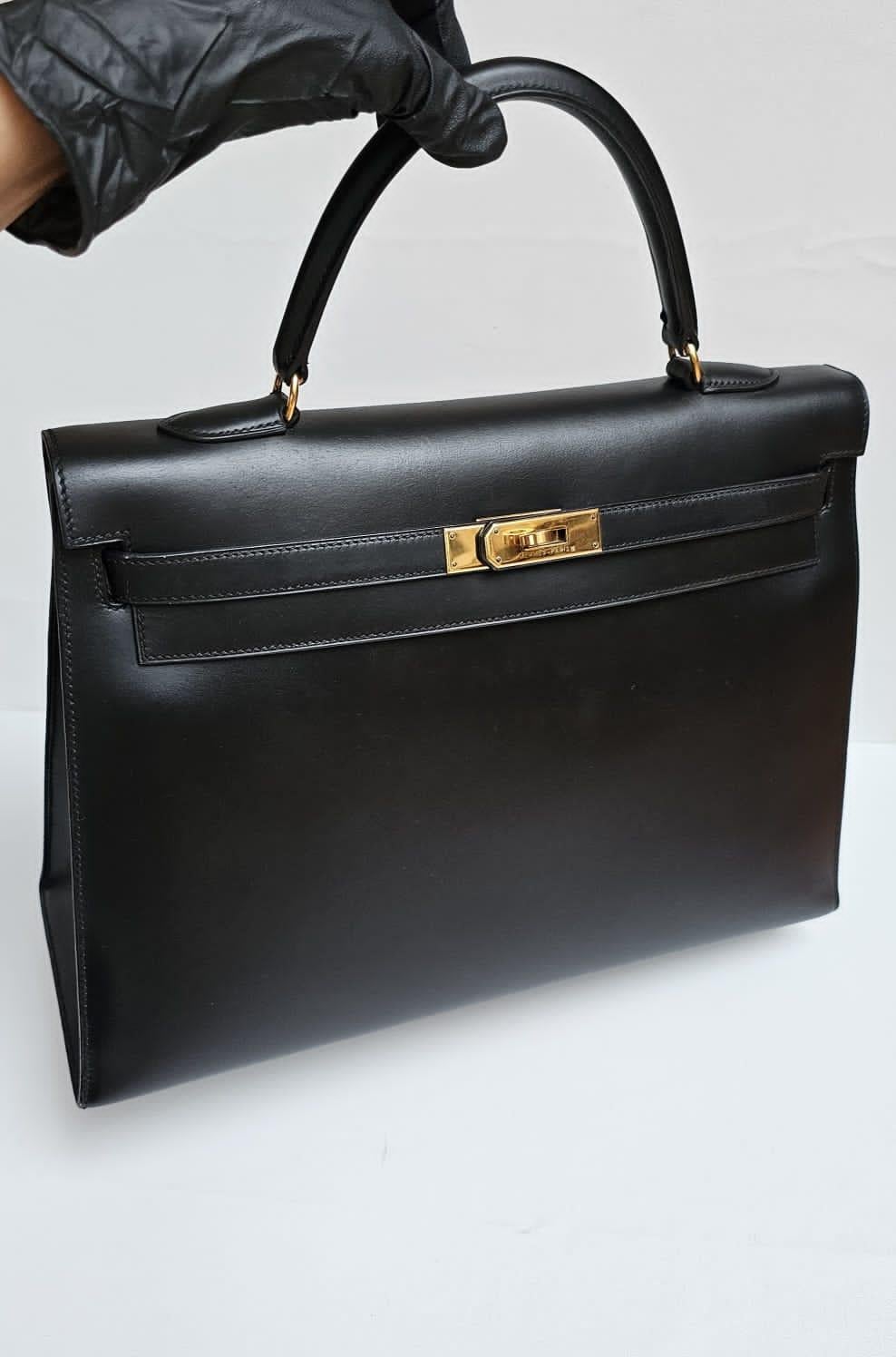 Vintage Hermes Black Box Leather Kelly 35 Bag 3