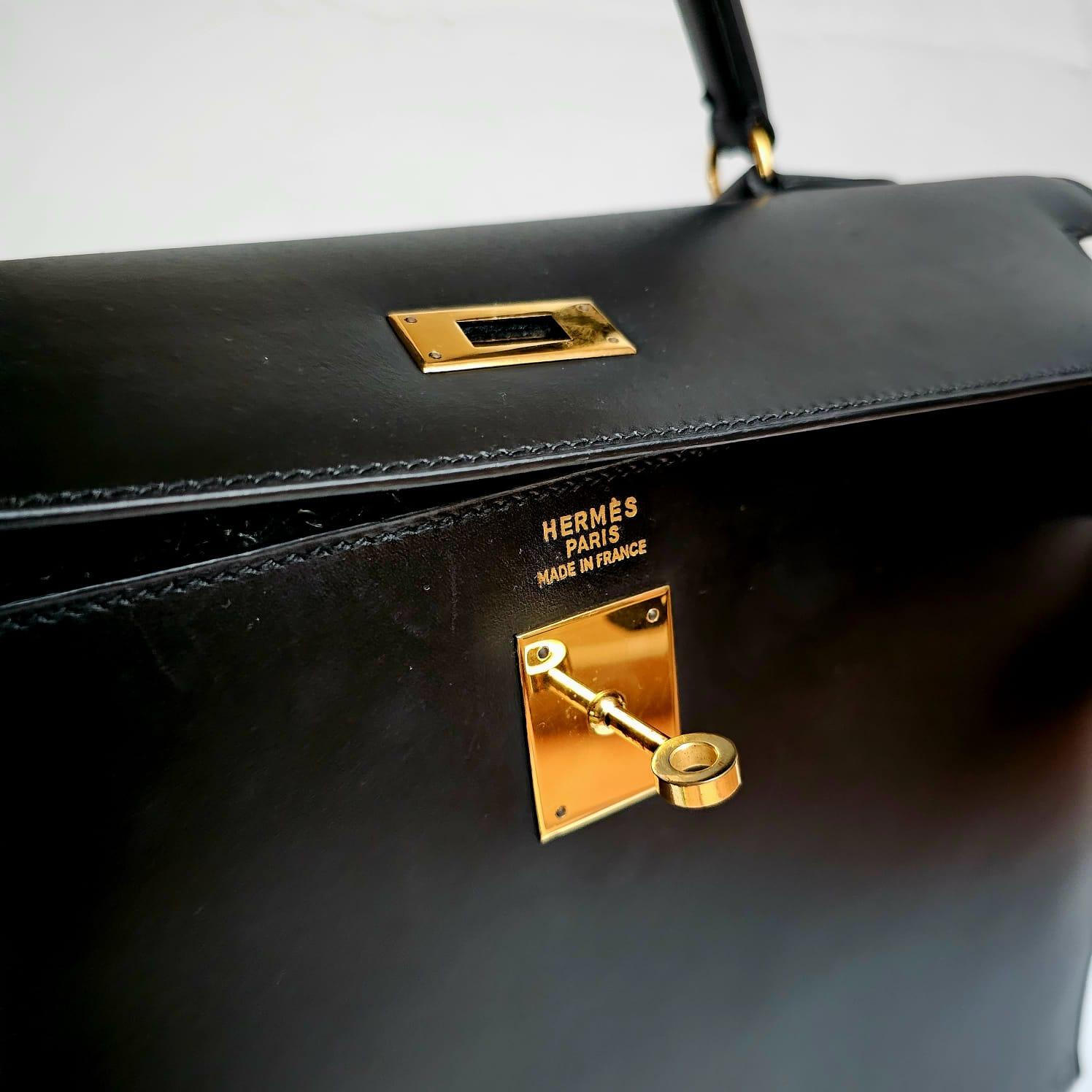 Vintage Hermes Black Box Leather Kelly 35 Bag 4