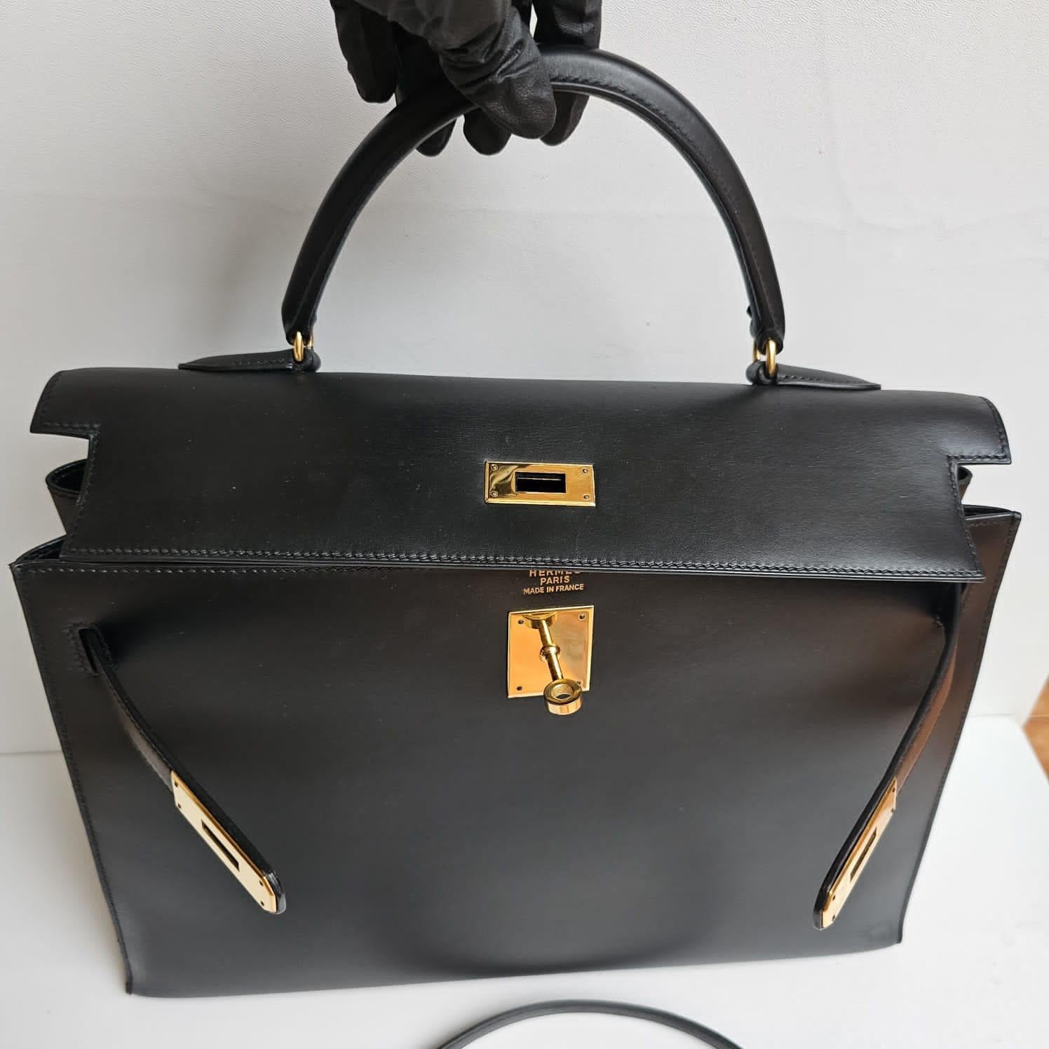 Vintage Hermes Black Box Leather Kelly 35 Bag 5