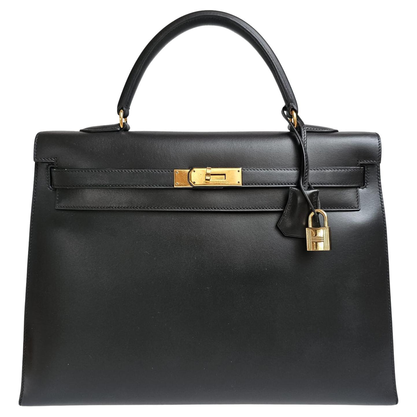 Vintage Hermes Black Box Leather Kelly 35 Bag