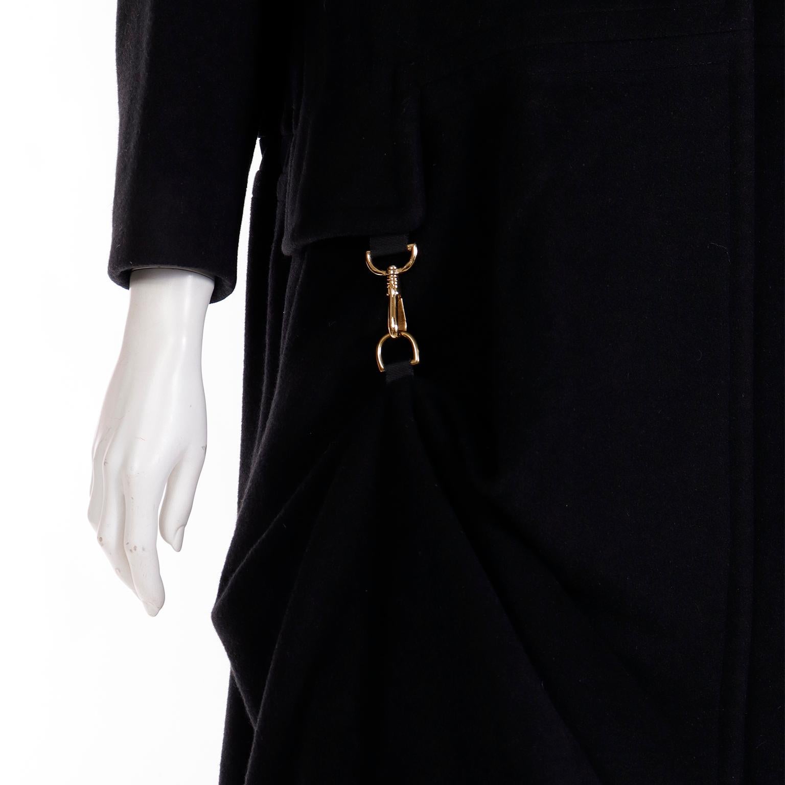 Vintage Hermes Black Cashmere Coat With Toggle Closure Hem & Drawstring Belt For Sale 7